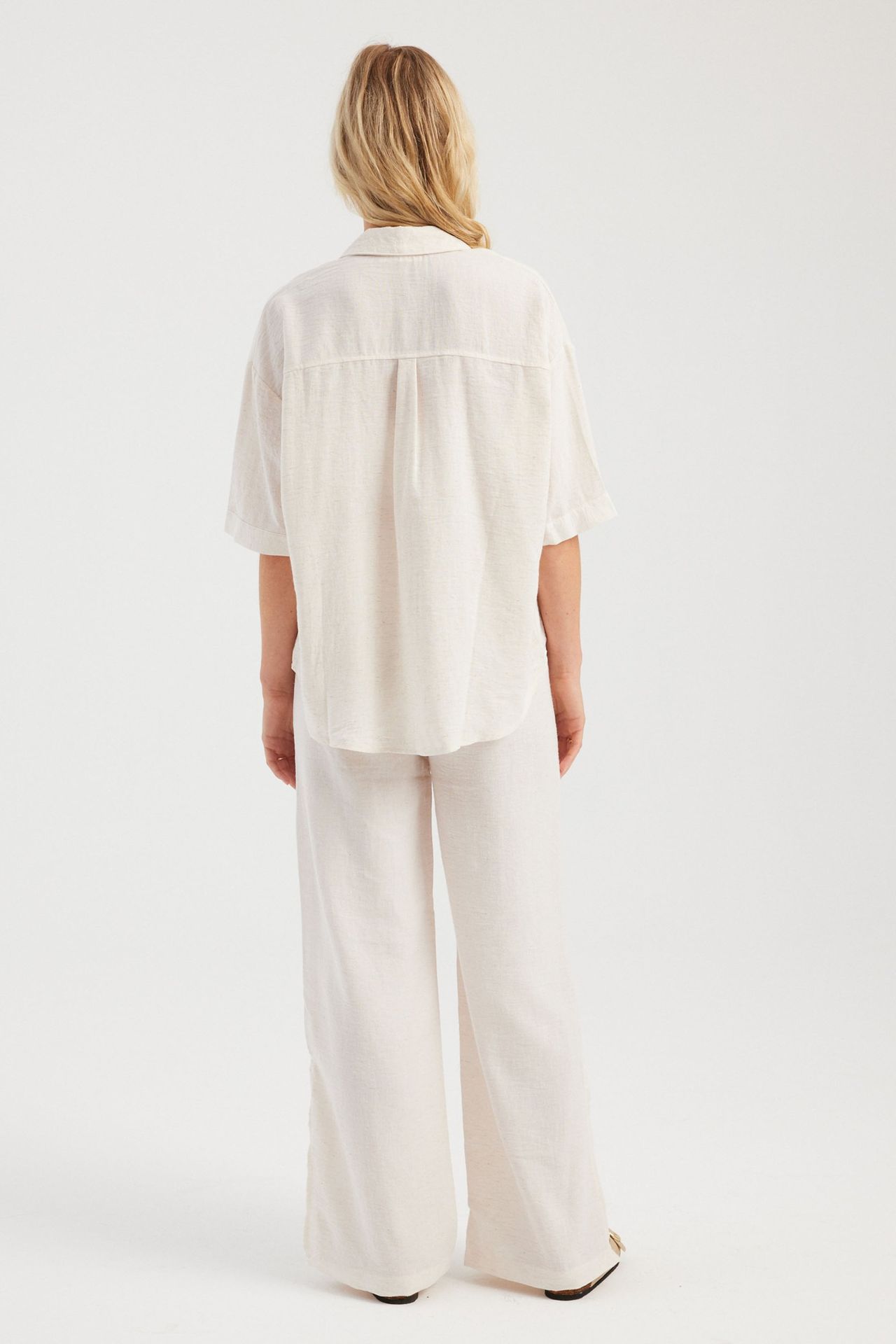 2 Pieces: Pocket Short Sleeve Shirt & High Waist Elastic Waist Side Slit Straight Leg Trousers