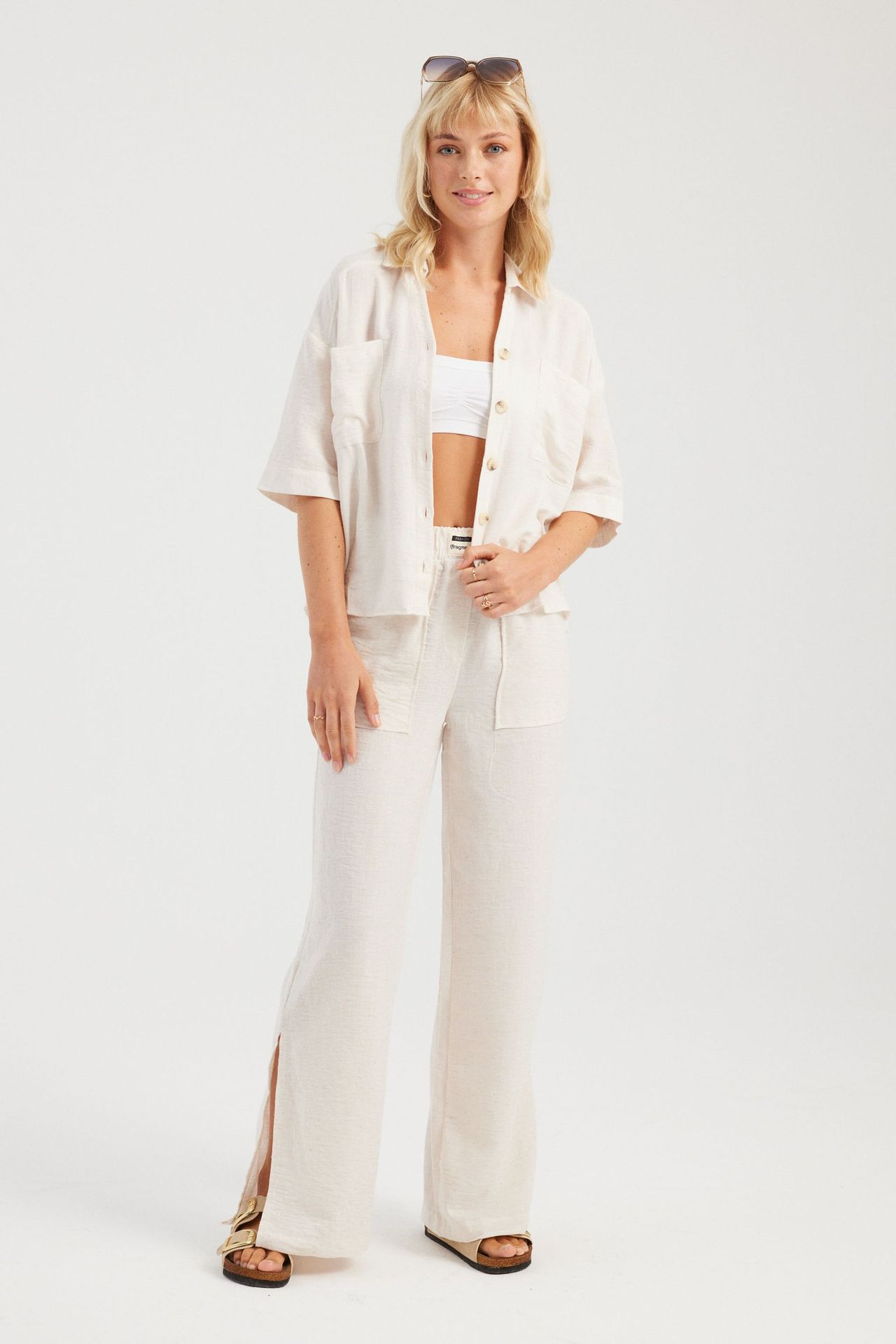 2 Pieces: Pocket Short Sleeve Shirt & High Waist Elastic Waist Side Slit Straight Leg Trousers