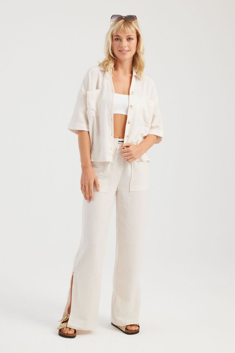 Pocket Short Sleeve Shirt & Side Slit Straight Trousers Coord 1