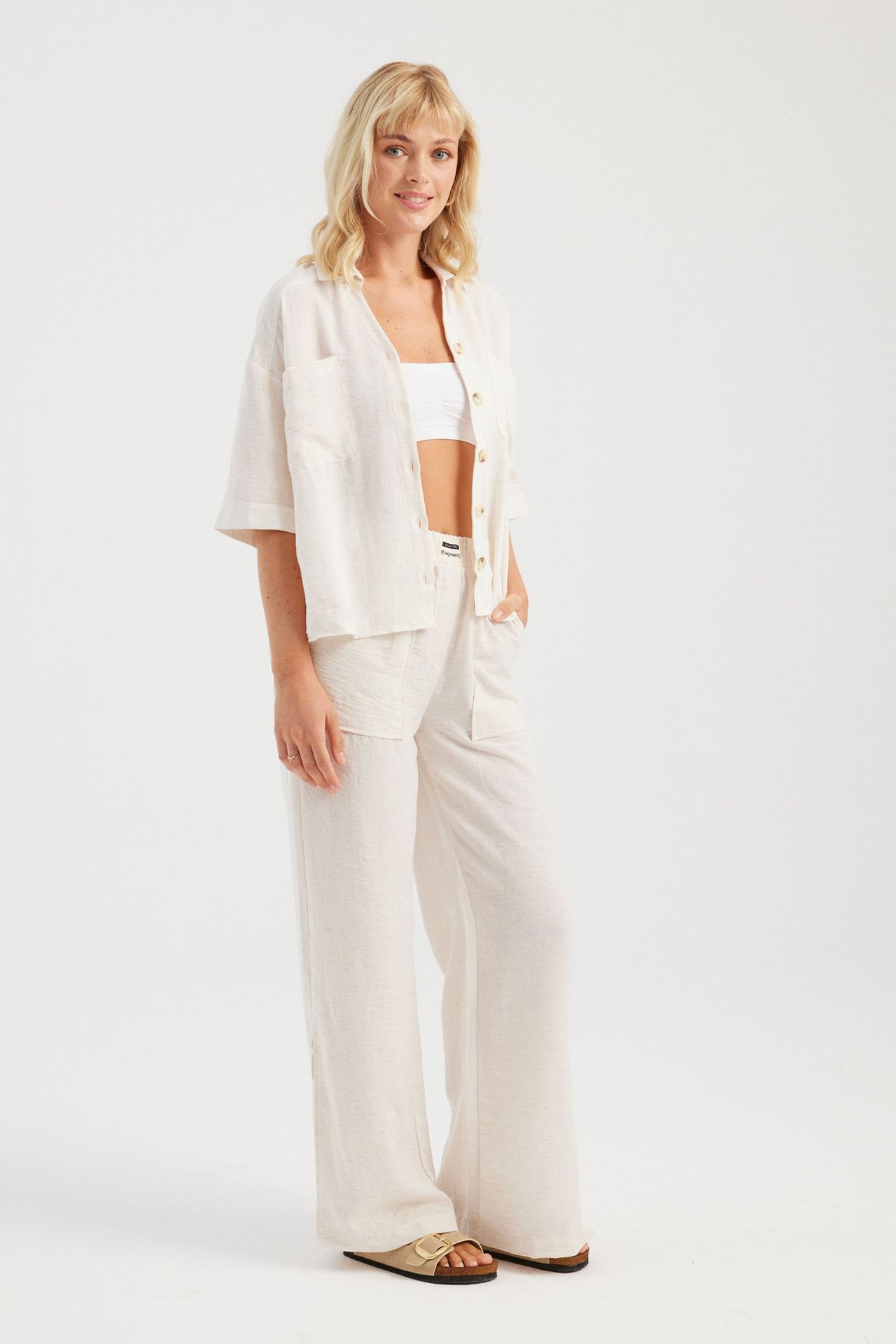 2 Pieces: Pocket Short Sleeve Shirt & High Waist Elastic Waist Side Slit Straight Leg Trousers