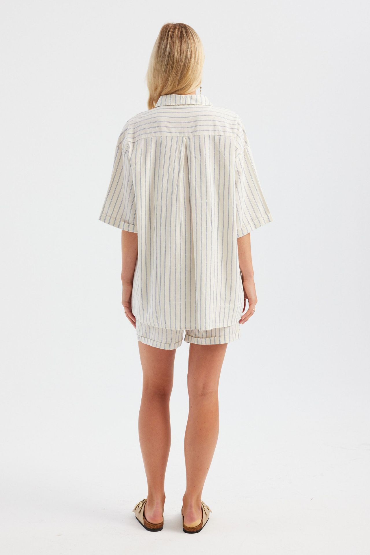 2 Pieces: Striped Pocket Short Sleeve Shirt & High Waist Shorts
