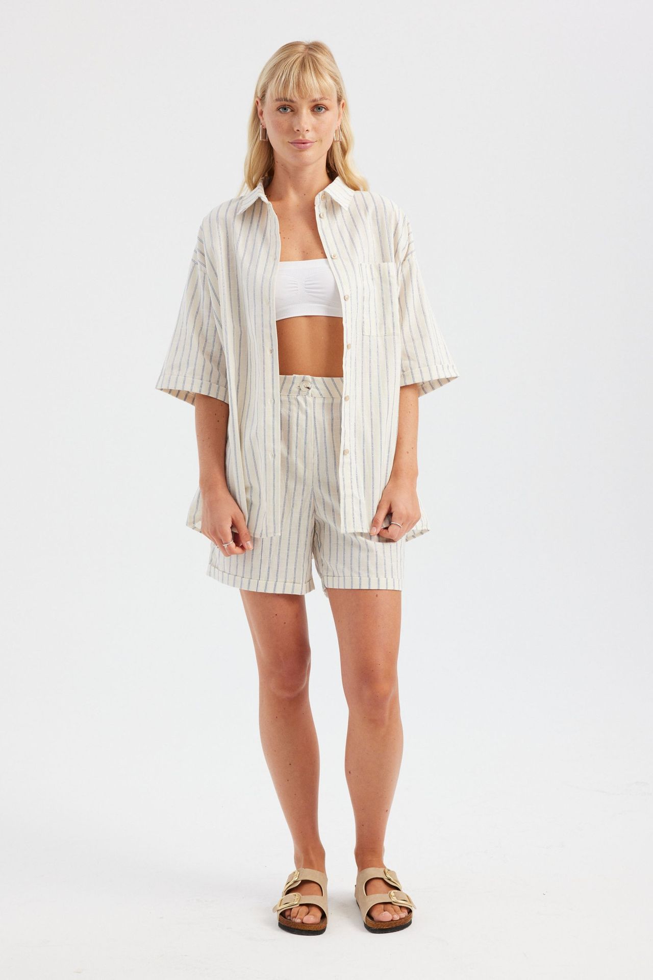 2 Pieces: Striped Pocket Short Sleeve Shirt & High Waist Shorts
