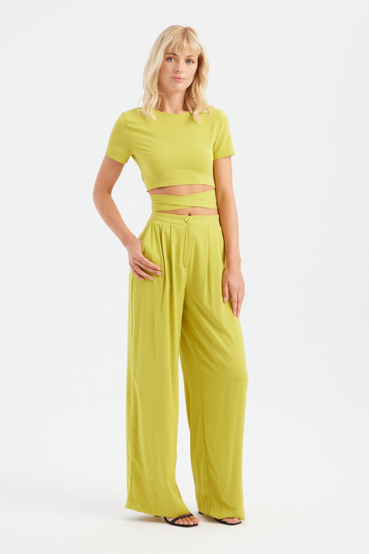 2 Pieces: Round Neck Lace Up Back Crop Top & High Waist Pleated Wide Leg Trousers