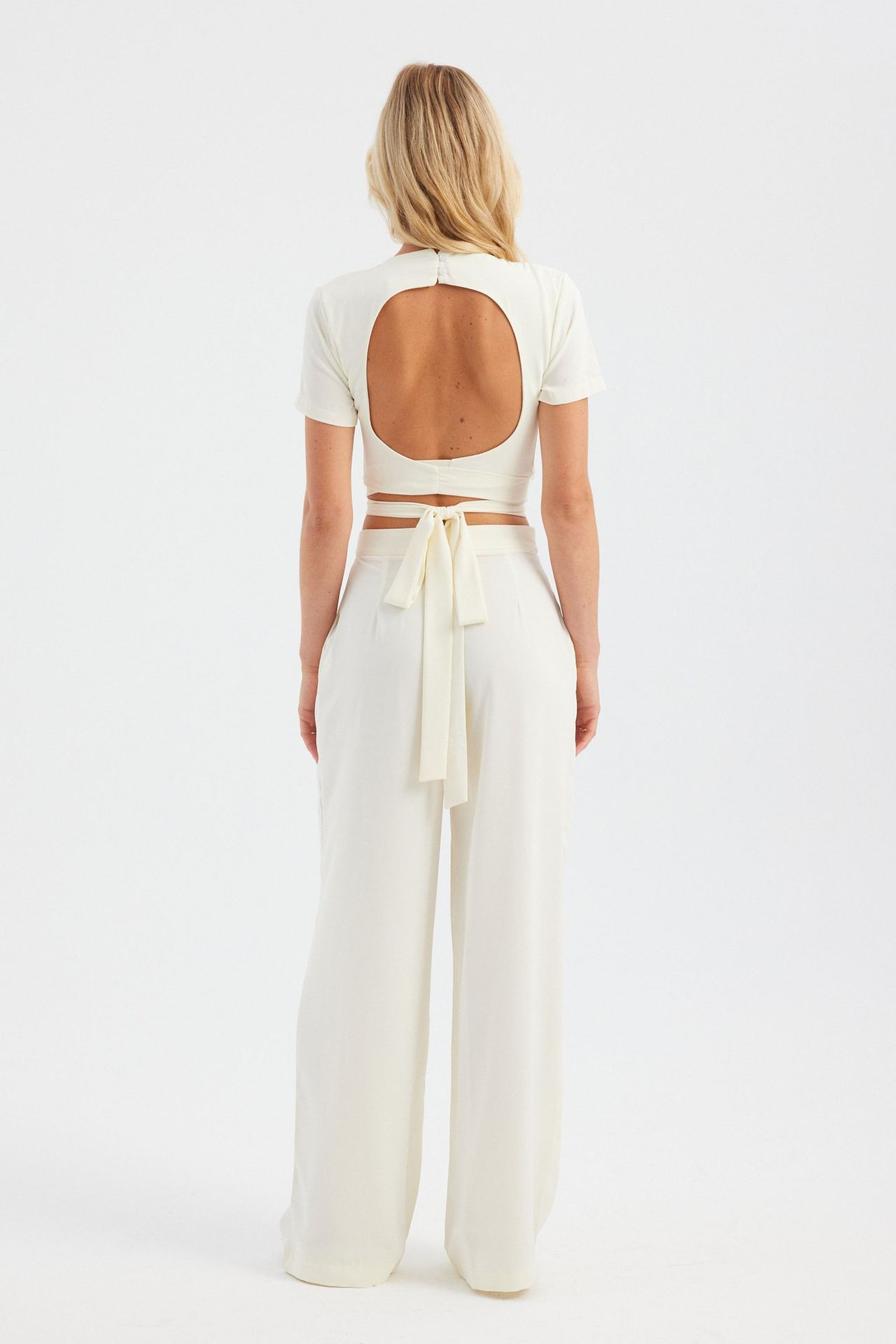 2 Pieces: Round Neck Lace Up Back Crop Top & High Waist Pleated Wide Leg Trousers