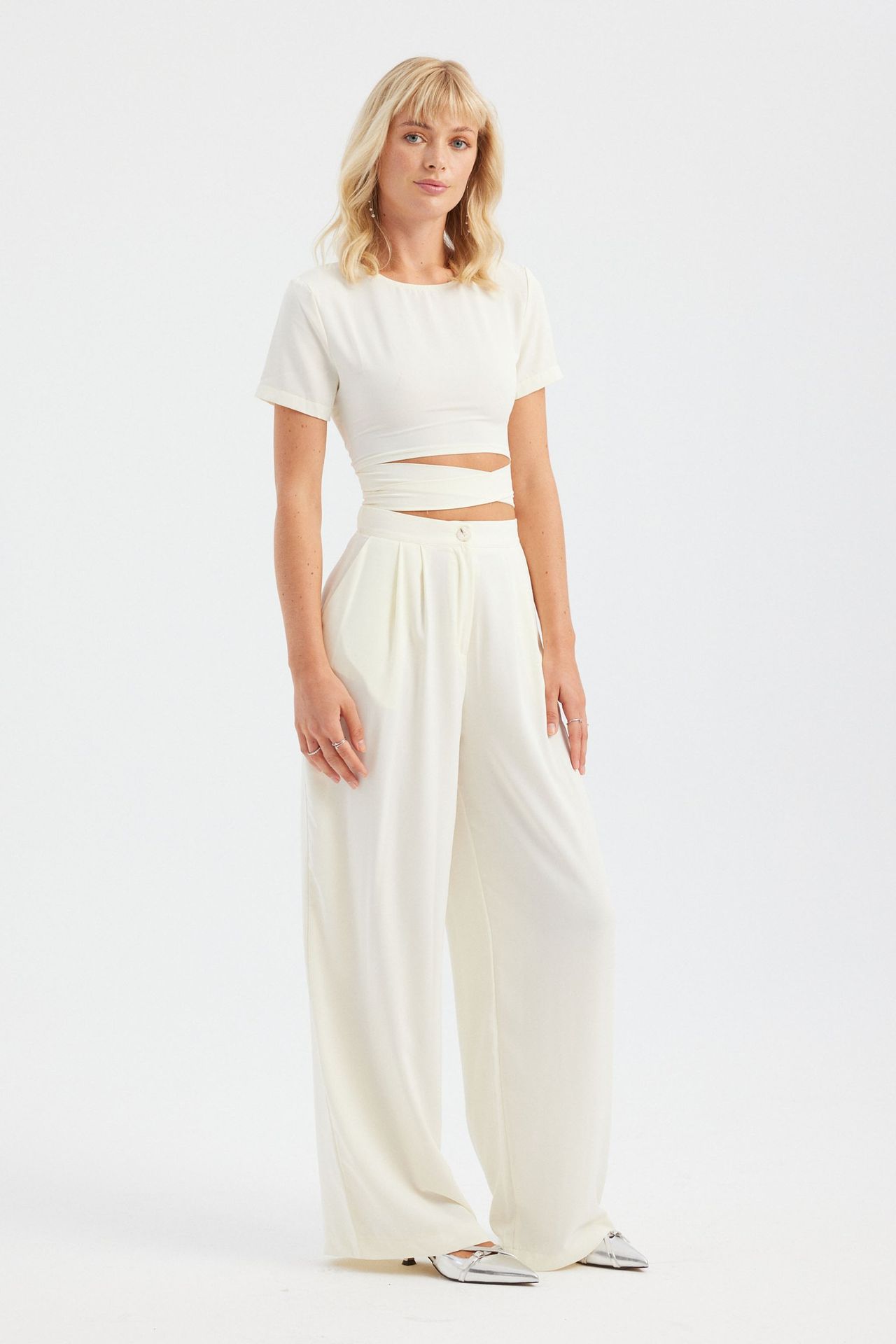 2 Pieces: Round Neck Lace Up Back Crop Top & High Waist Pleated Wide Leg Trousers