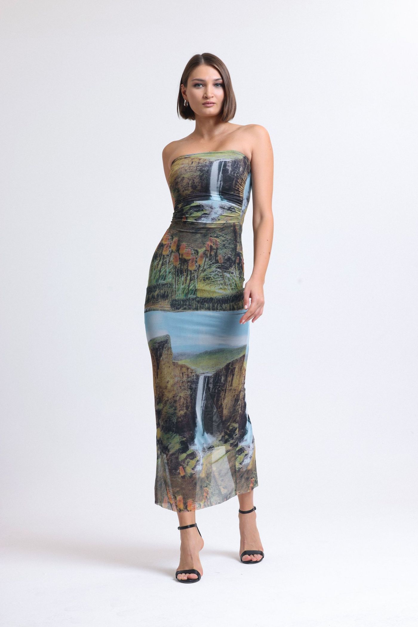 Tulle Graphic Strapless Maxi Dress