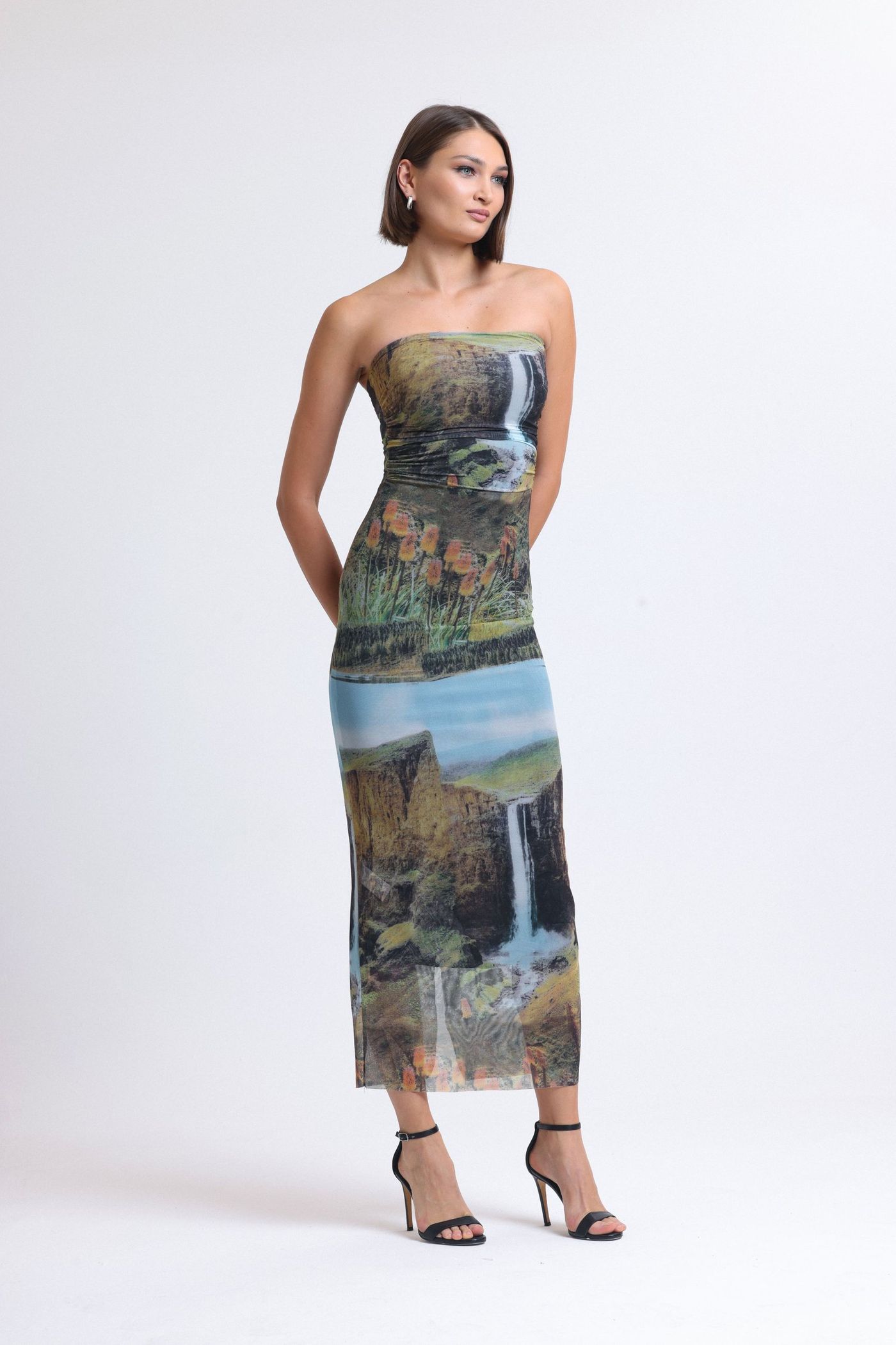 Tulle Graphic Strapless Maxi Dress