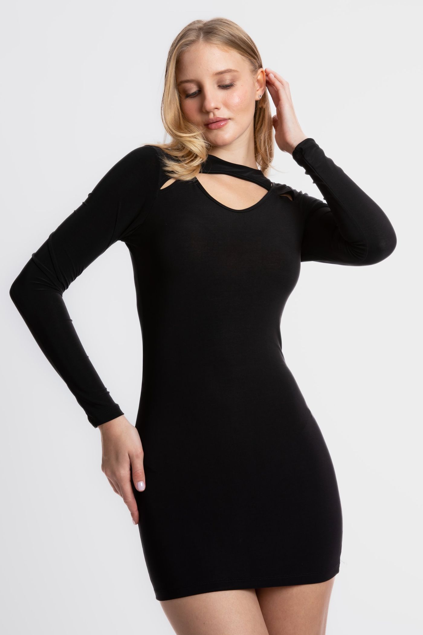 Round Neck Cut Out Long Sleeve Mini Bodycon Dress