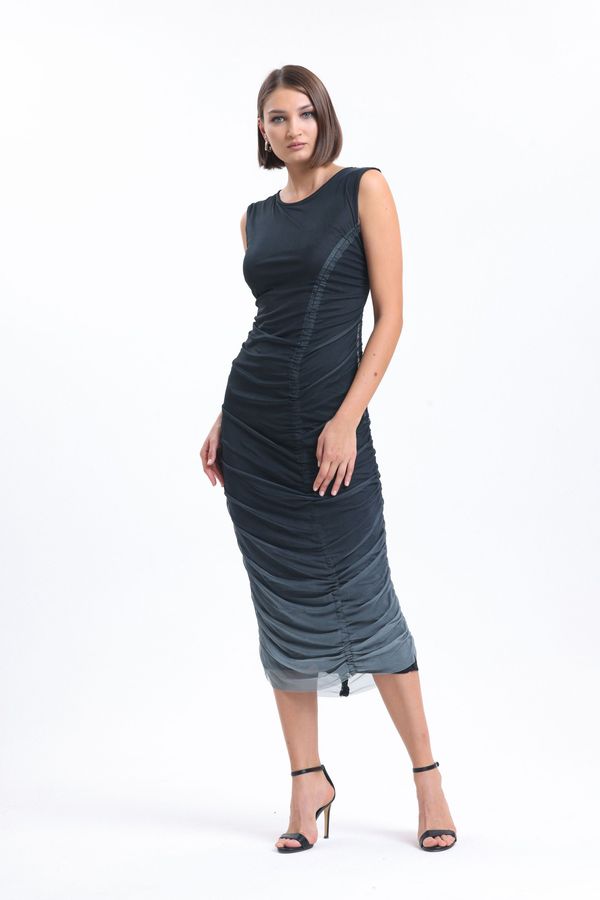 Tulle Round Neck Ruched Sleeveless Midi Dress 4