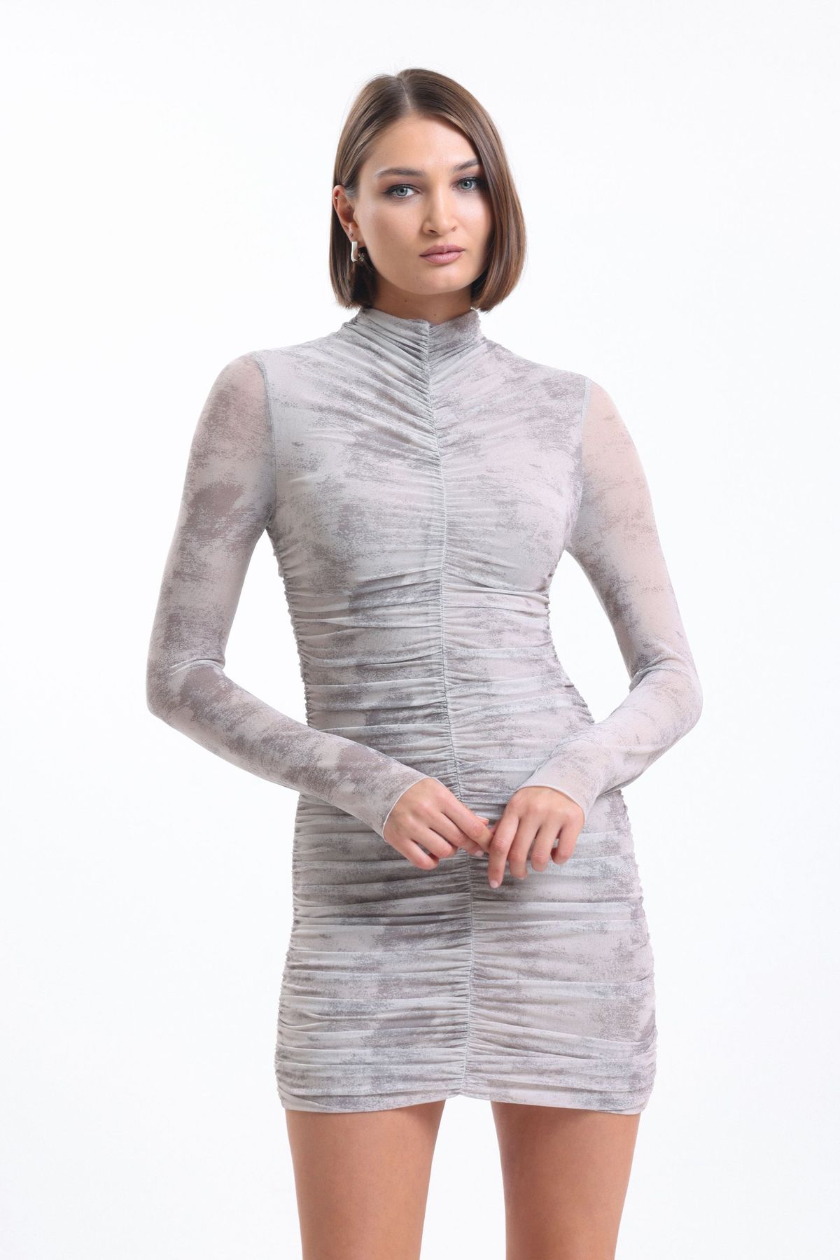 Tulle High Neck Ruched Long Sleeve Mini Bodycon Dress