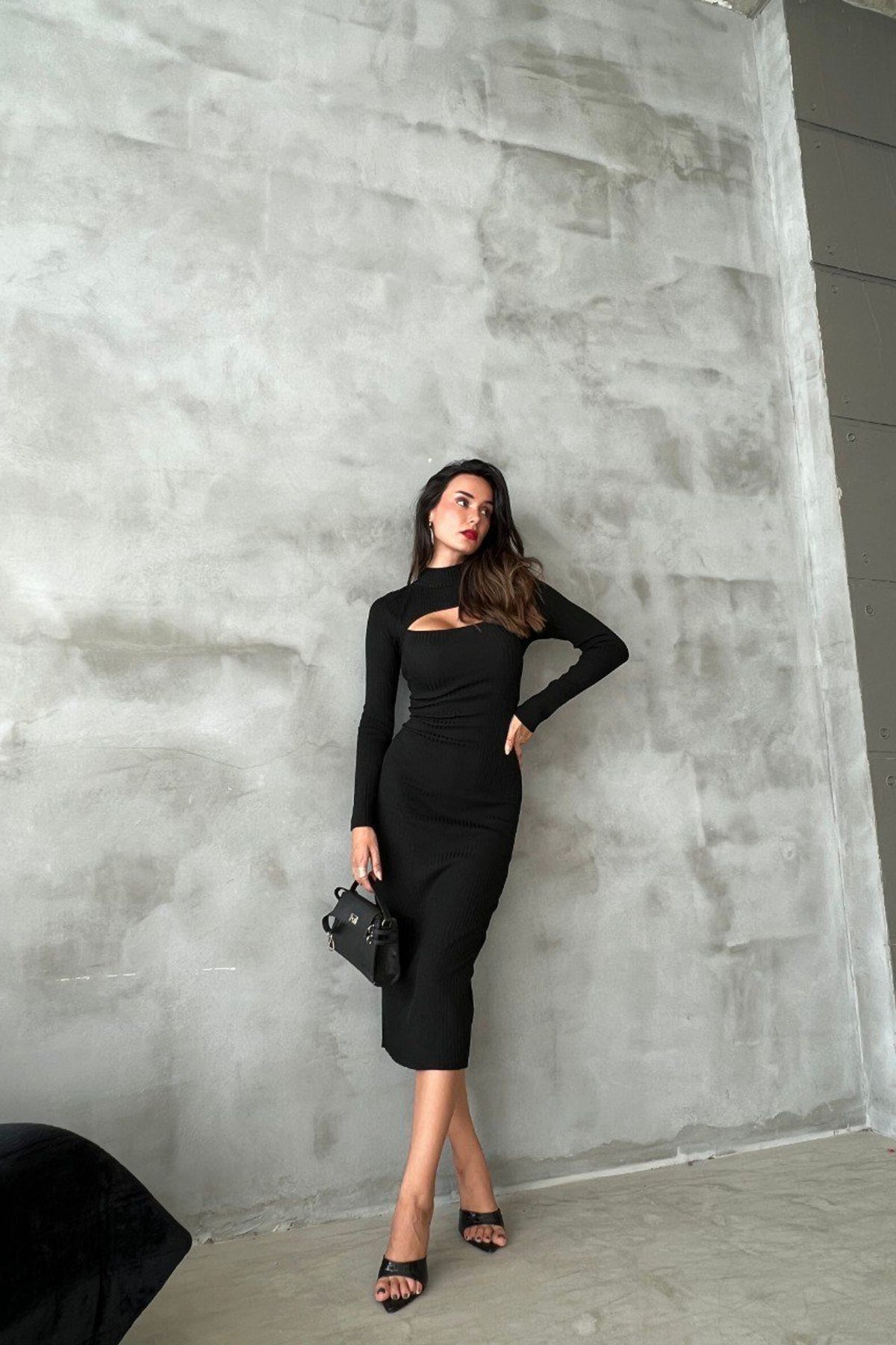 Knitted High Neck Cut Out Long Sleeve Midi Dress