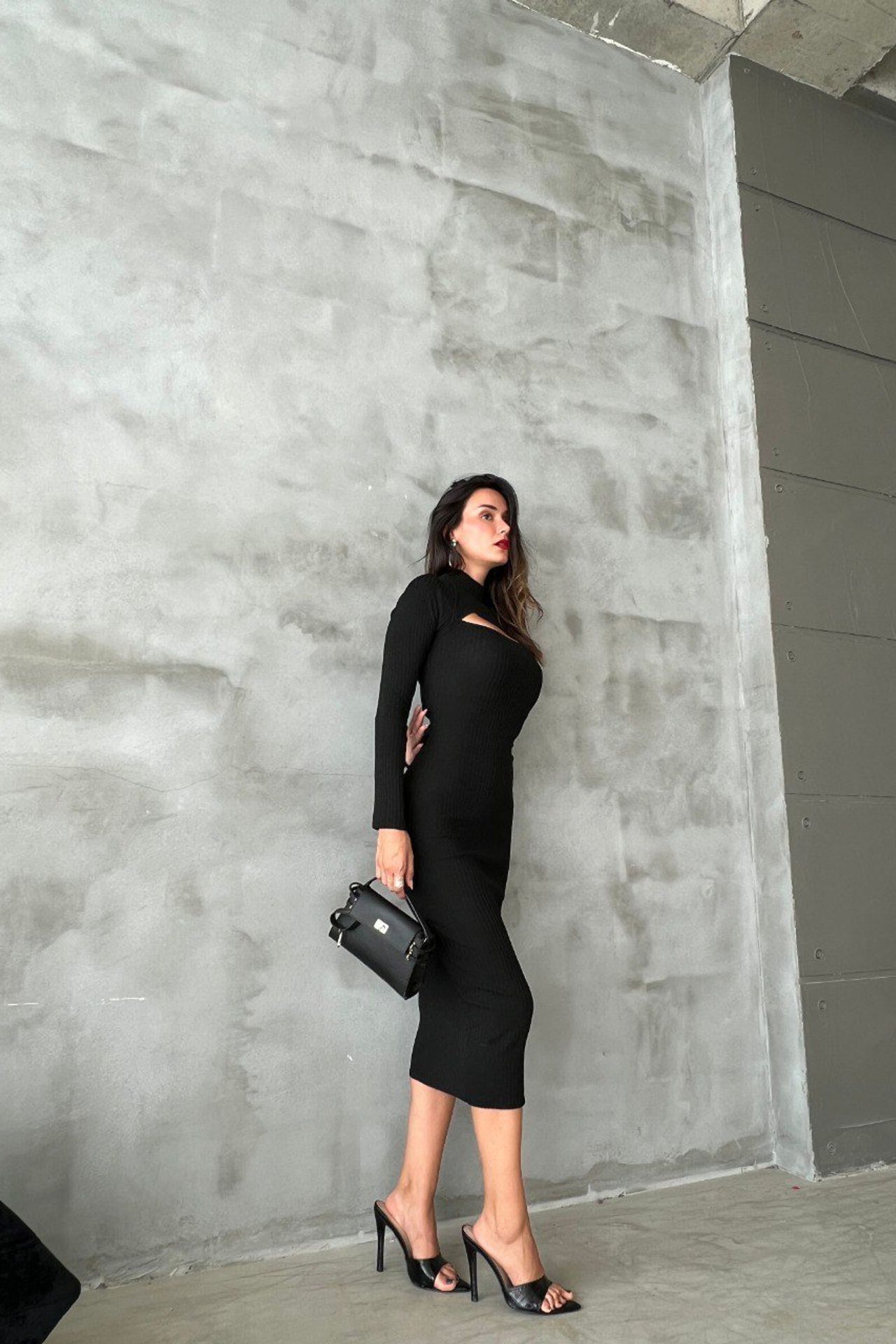 Knitted High Neck Cut Out Long Sleeve Midi Dress
