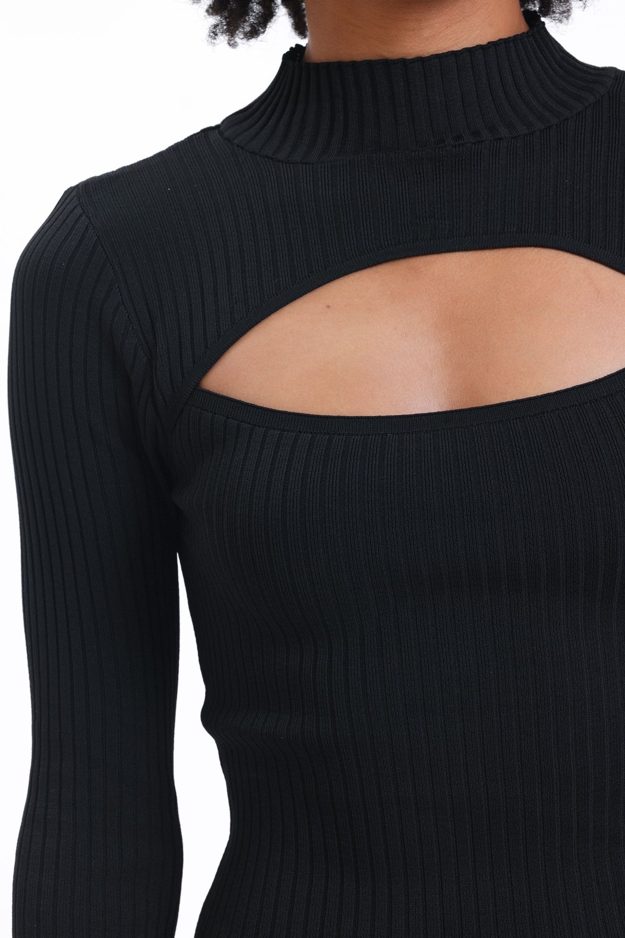 Knitted High Neck Cut Out Long Sleeve Midi Dress