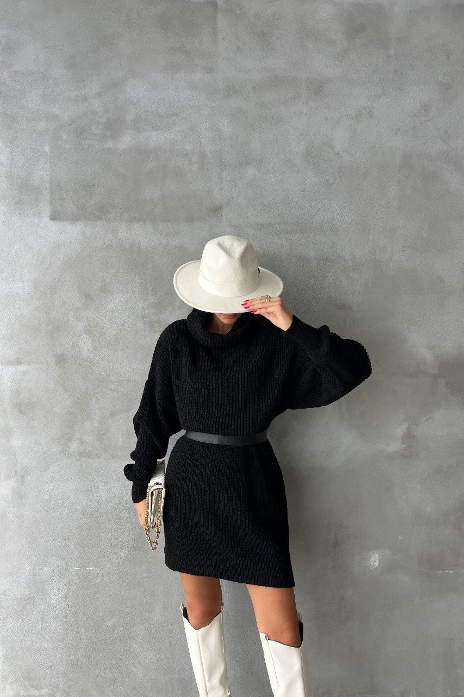 Knitted Turtleneck Long Sleeve Midi Oversized Dress