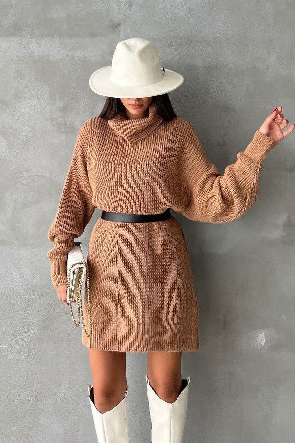 Knitted Turtleneck Long Sleeve Midi Oversized Dress 1