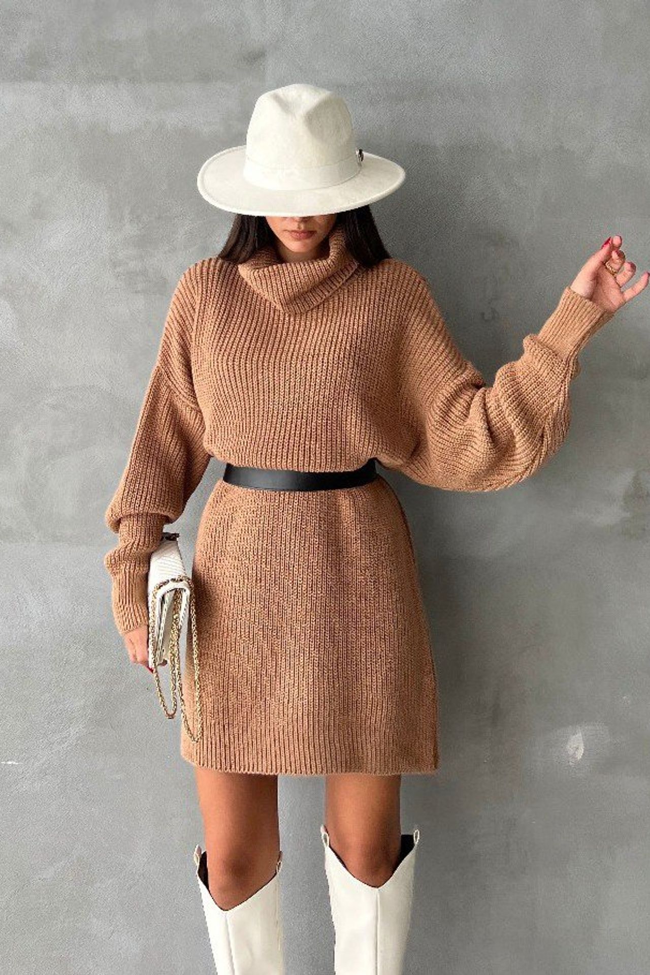 Knitted Turtleneck Long Sleeve Midi Oversized Dress