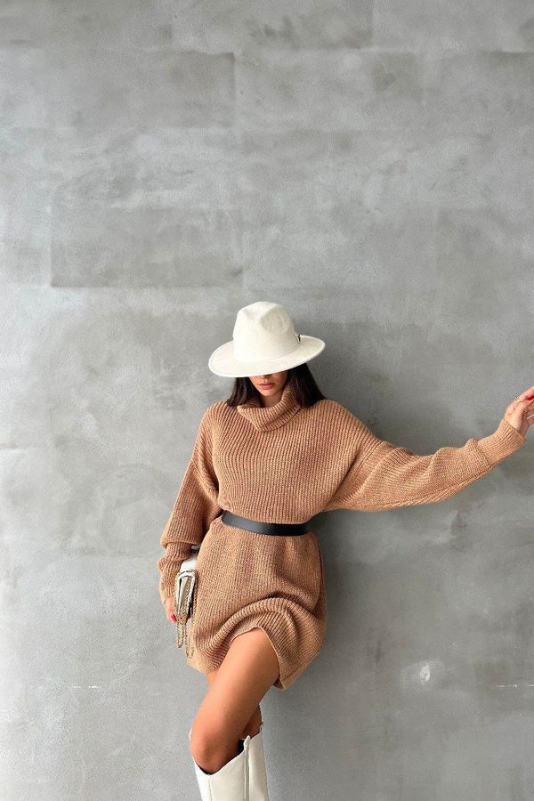 Knitted Turtleneck Long Sleeve Midi Oversized Dress 2