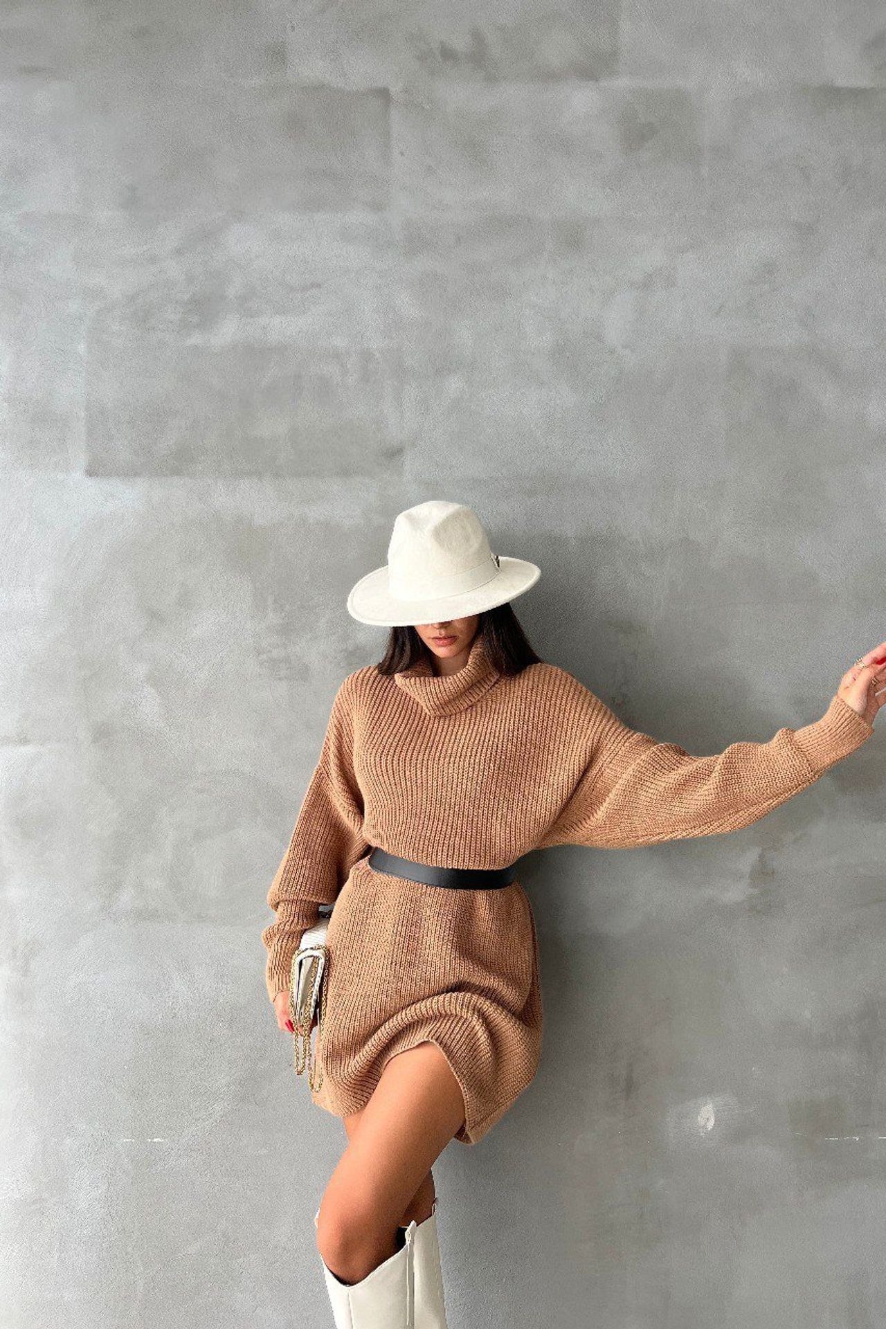 Knitted Turtleneck Long Sleeve Midi Oversized Dress