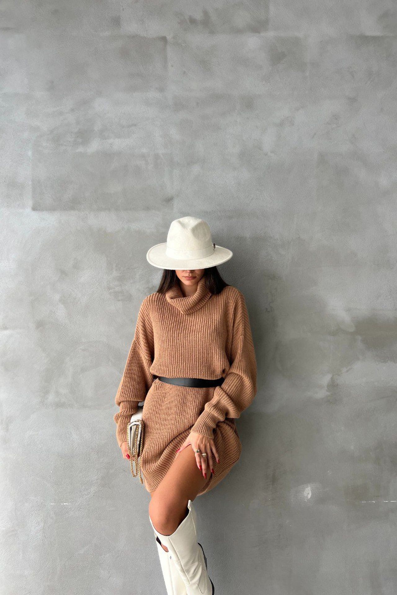 Knitted Turtleneck Long Sleeve Midi Oversized Dress