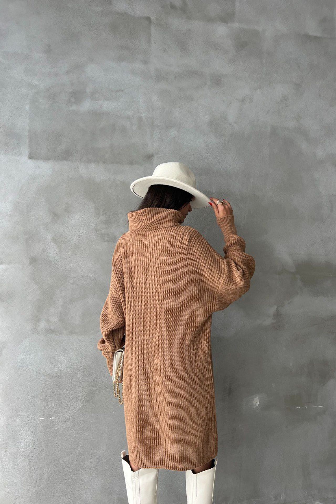 Knitted Turtleneck Long Sleeve Midi Oversized Dress