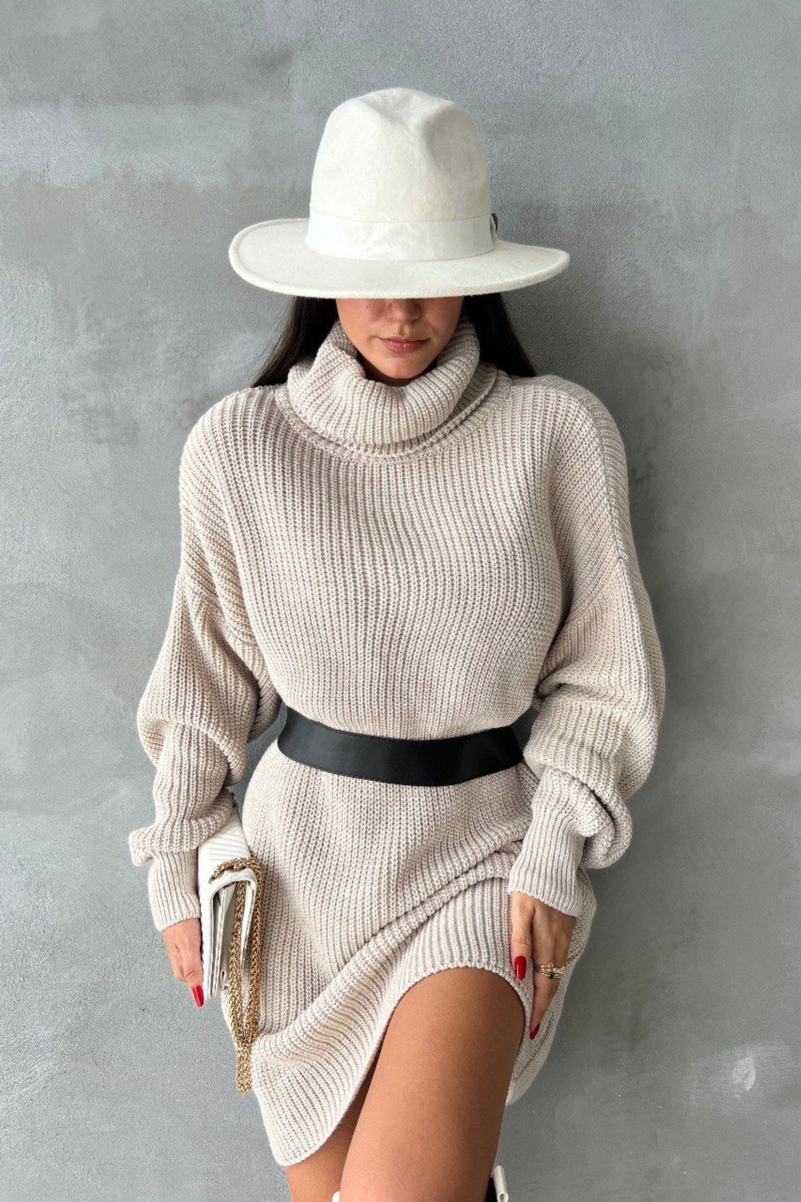 Knitted Turtleneck Long Sleeve Midi Oversized Dress