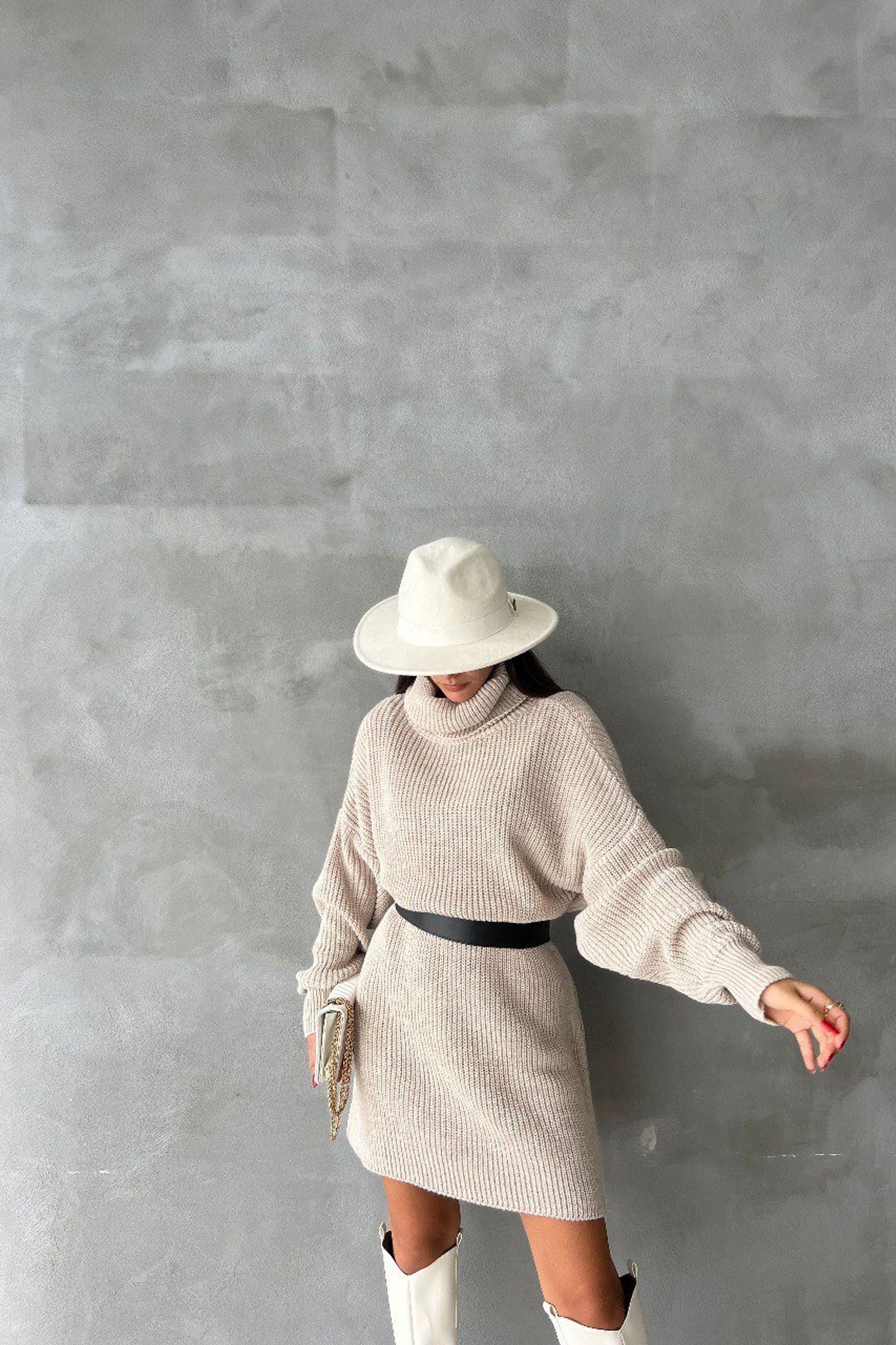 Knitted Turtleneck Long Sleeve Midi Oversized Dress