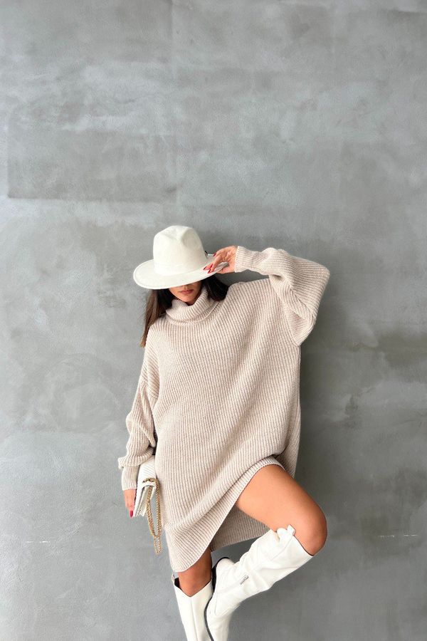 Knitted Turtleneck Long Sleeve Midi Oversized Dress 2