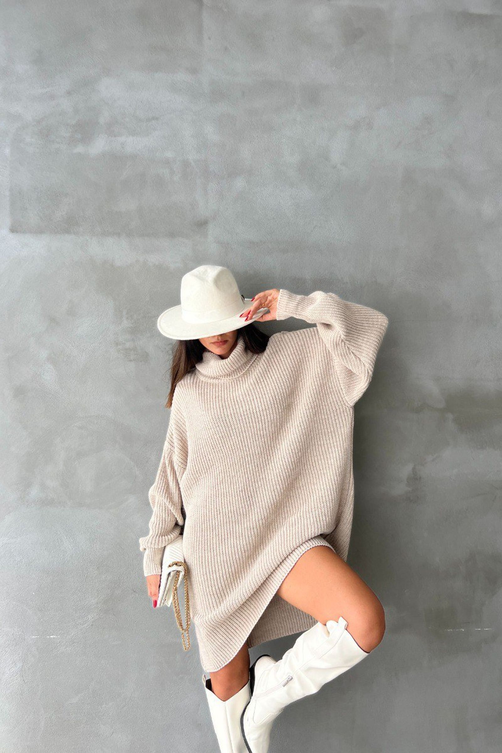 Knitted Turtleneck Long Sleeve Midi Oversized Dress