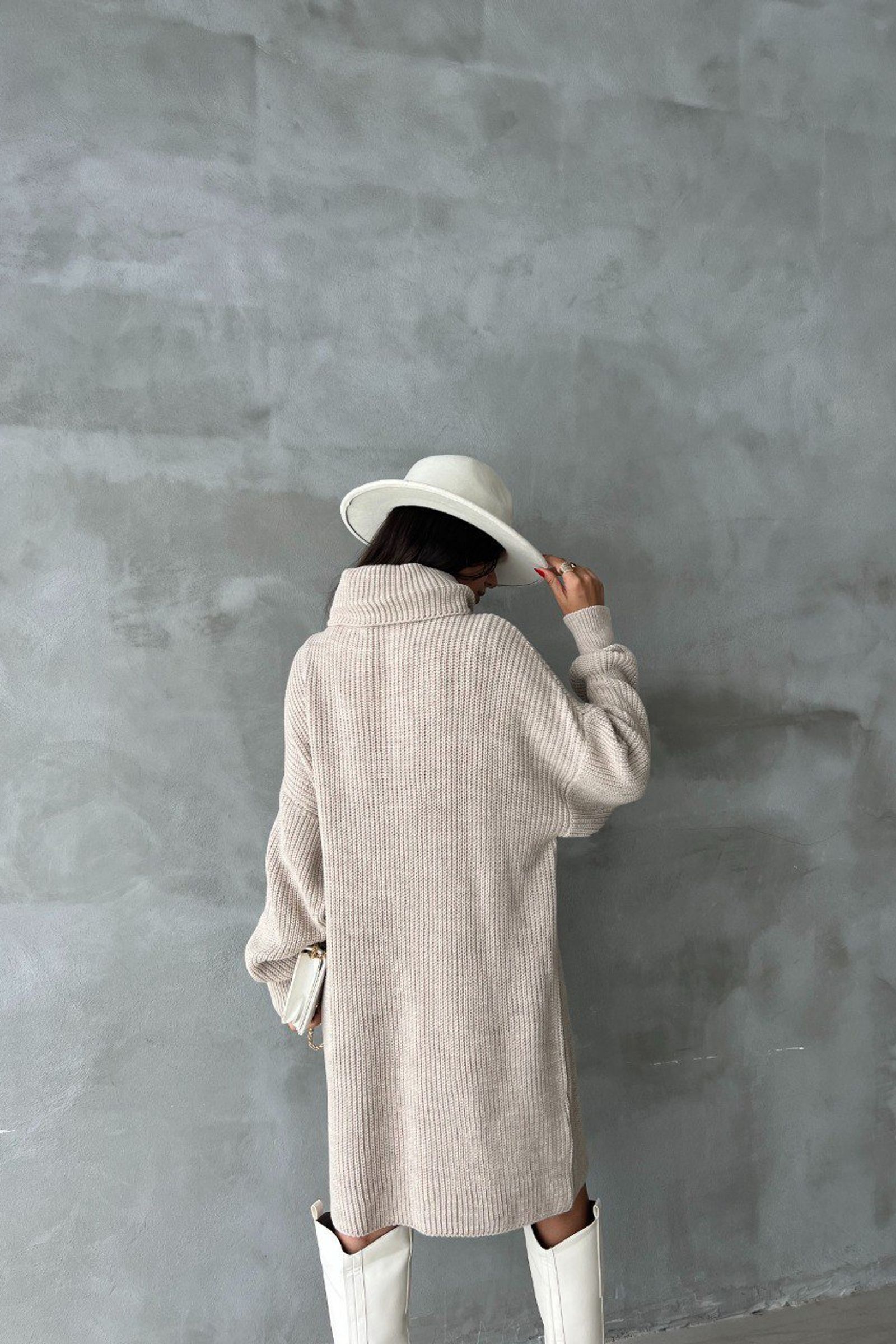 Knitted Turtleneck Long Sleeve Midi Oversized Dress