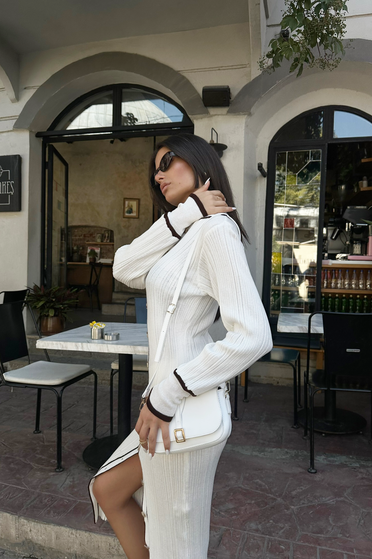 Knitted Polo Collar Buttoned Maxi Dress with a Front Slit