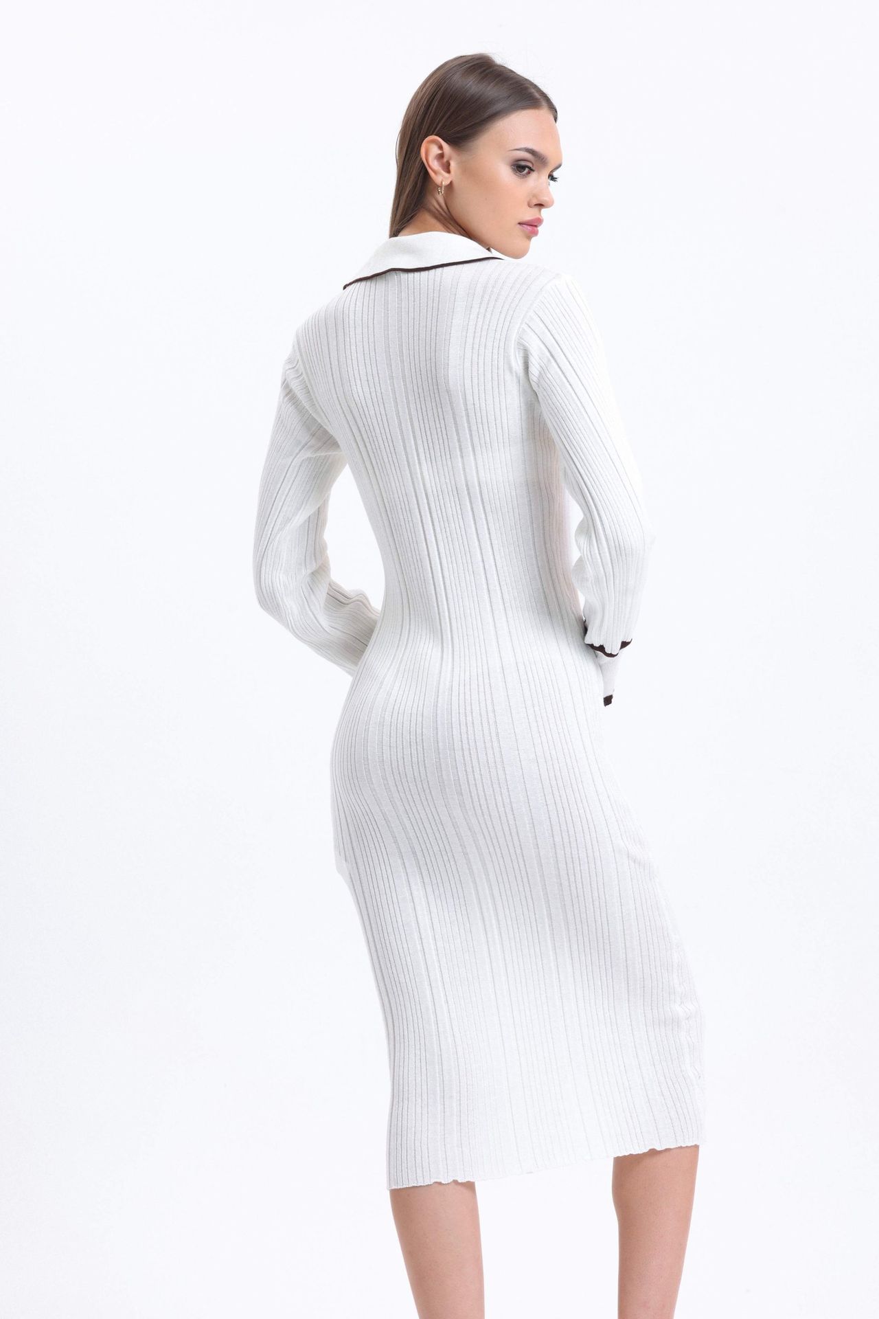 Knitted Polo Collar Buttoned Maxi Dress with a Front Slit