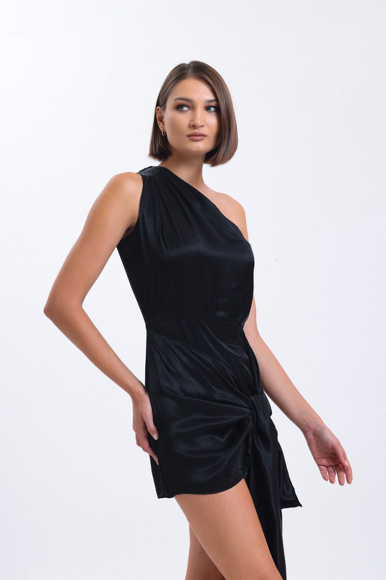 Satin One Shoulder Mini Wrap Dress with a Asymmetrical Tie
