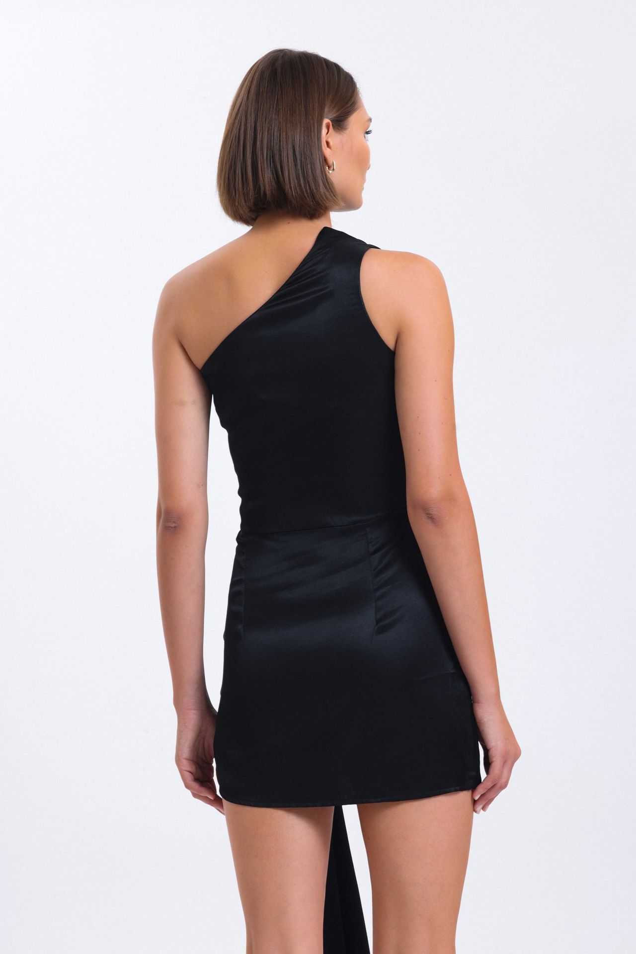 Satin One Shoulder Mini Wrap Dress with a Asymmetrical Tie
