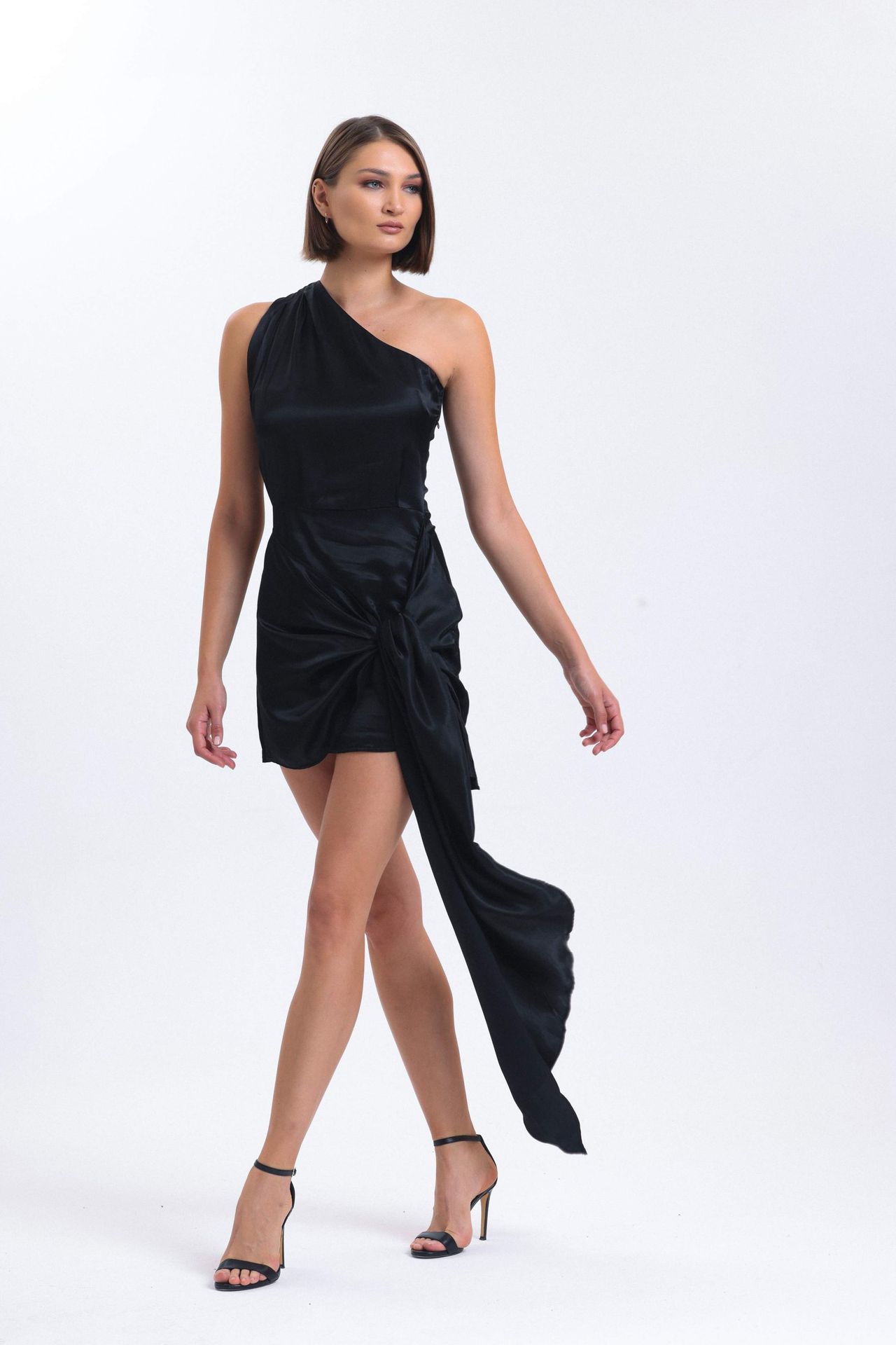 Satin One Shoulder Mini Wrap Dress with a Asymmetrical Tie