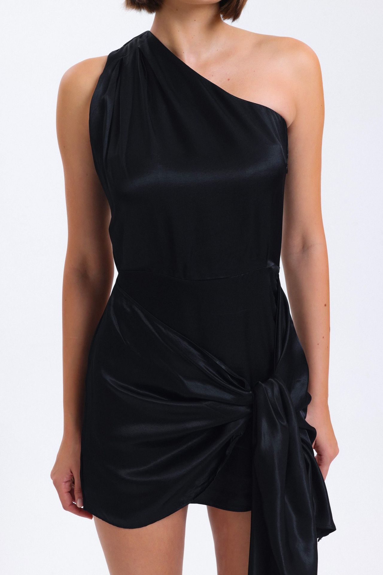 Satin One Shoulder Mini Wrap Dress with a Asymmetrical Tie