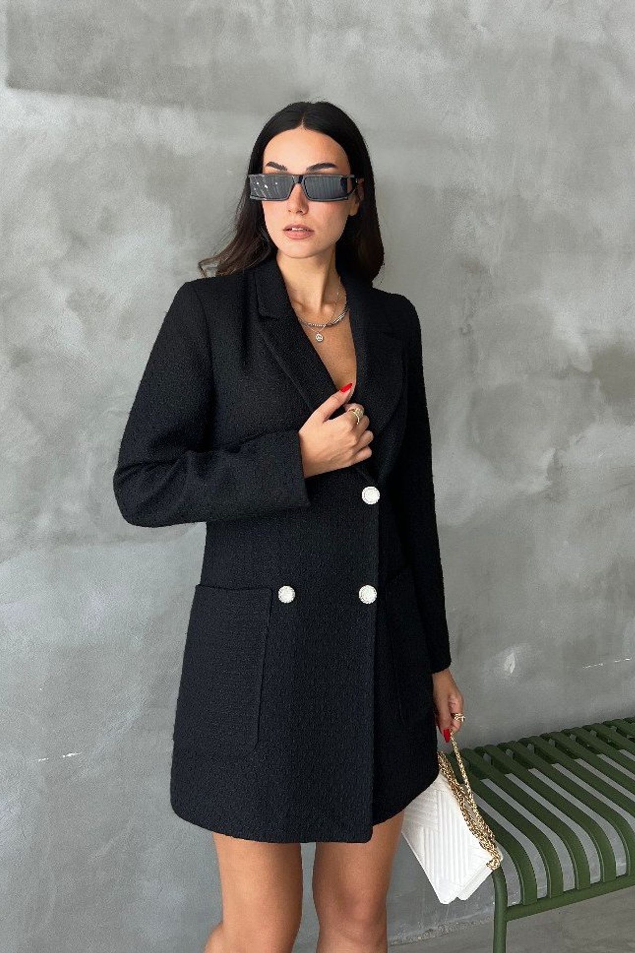 V Neck Buttoned Long Sleeve Mini Blazer Dress