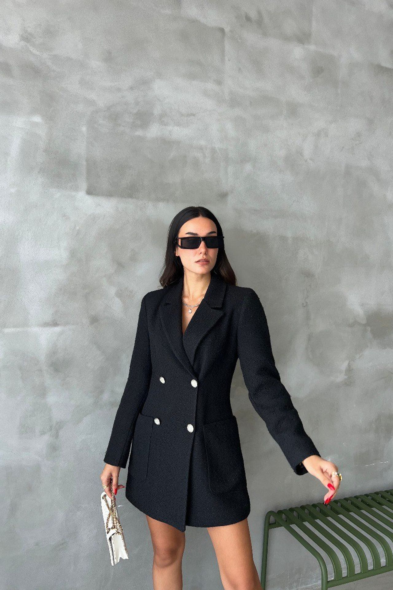V Neck Buttoned Long Sleeve Mini Blazer Dress