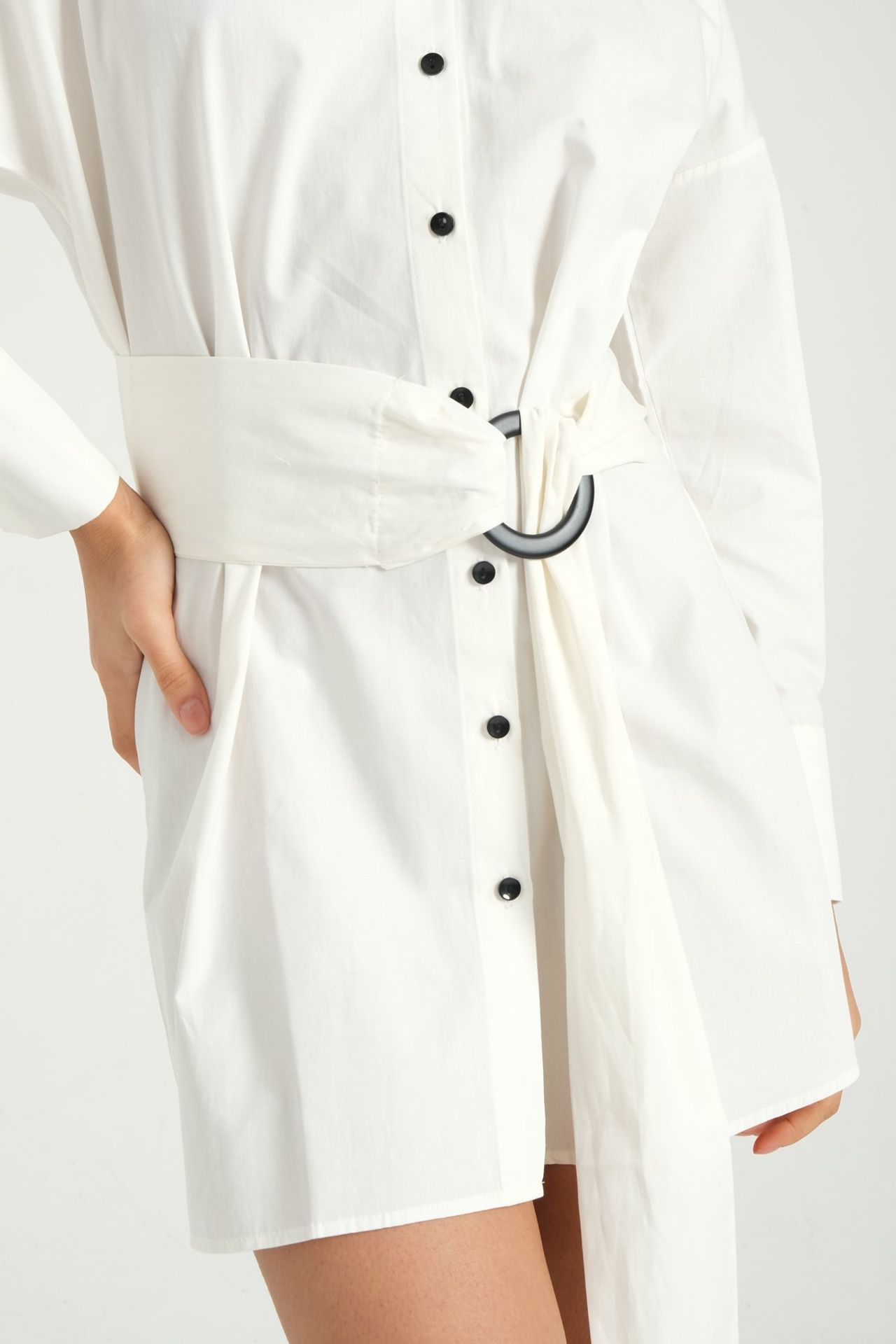 Collar Long Sleeve Mini Shirt Dress with a Belt Detail