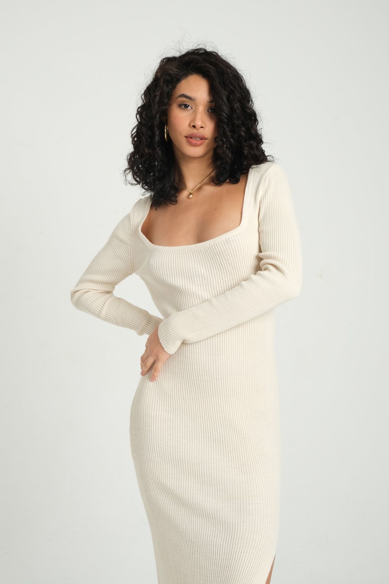 Square Neck Slit Long Sleeve Maxi Dress