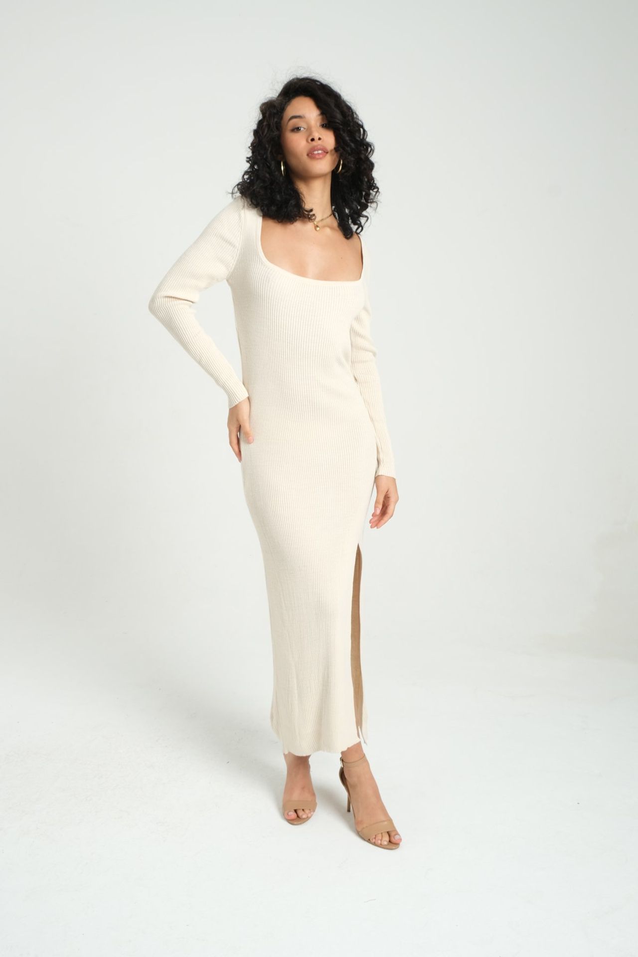 Square Neck Slit Long Sleeve Maxi Dress