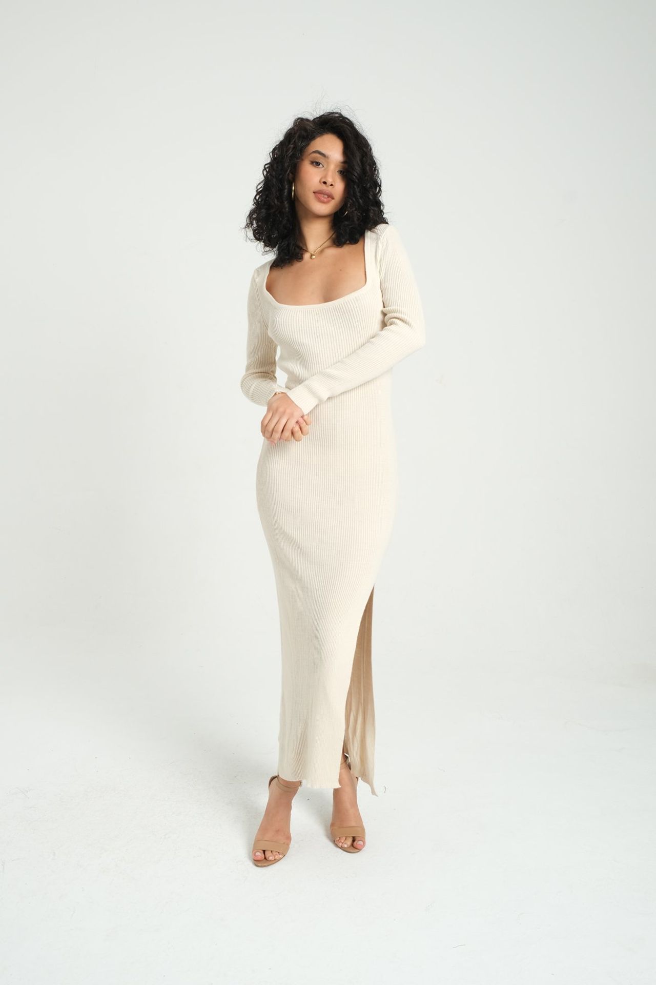 Square Neck Slit Long Sleeve Maxi Dress