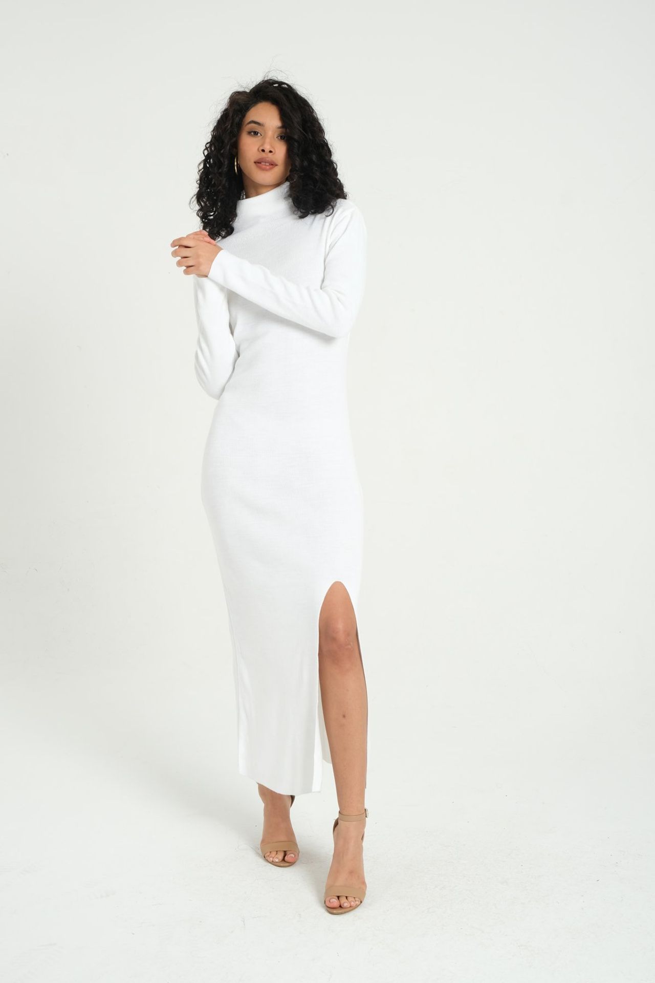 High Neck Slit Long Sleeve Maxi Dress