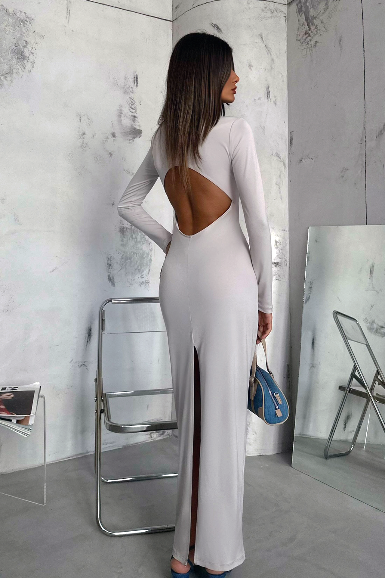 Round Neck Back Cut Out Slit Long Sleeve Maxi Dress