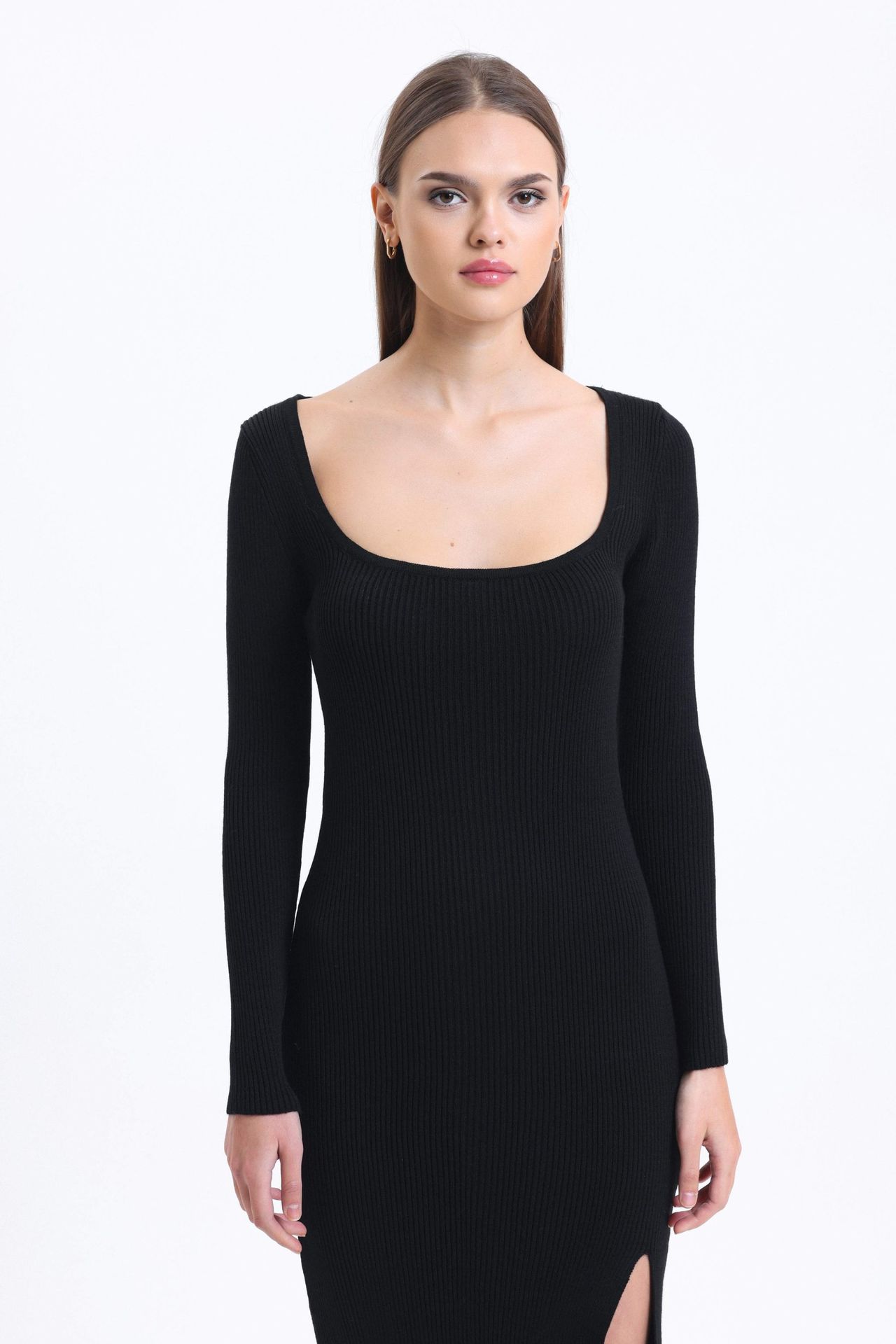 Square Neck Slit Long Sleeve Maxi Dress