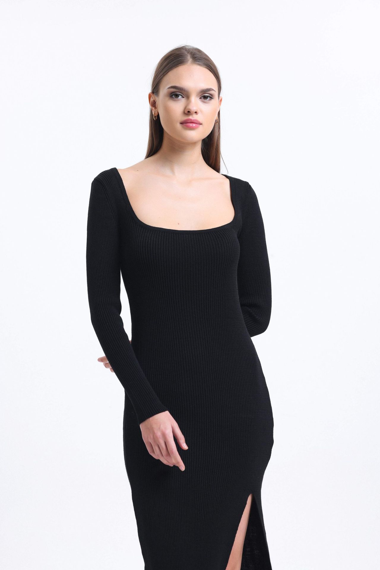 Square Neck Slit Long Sleeve Maxi Dress