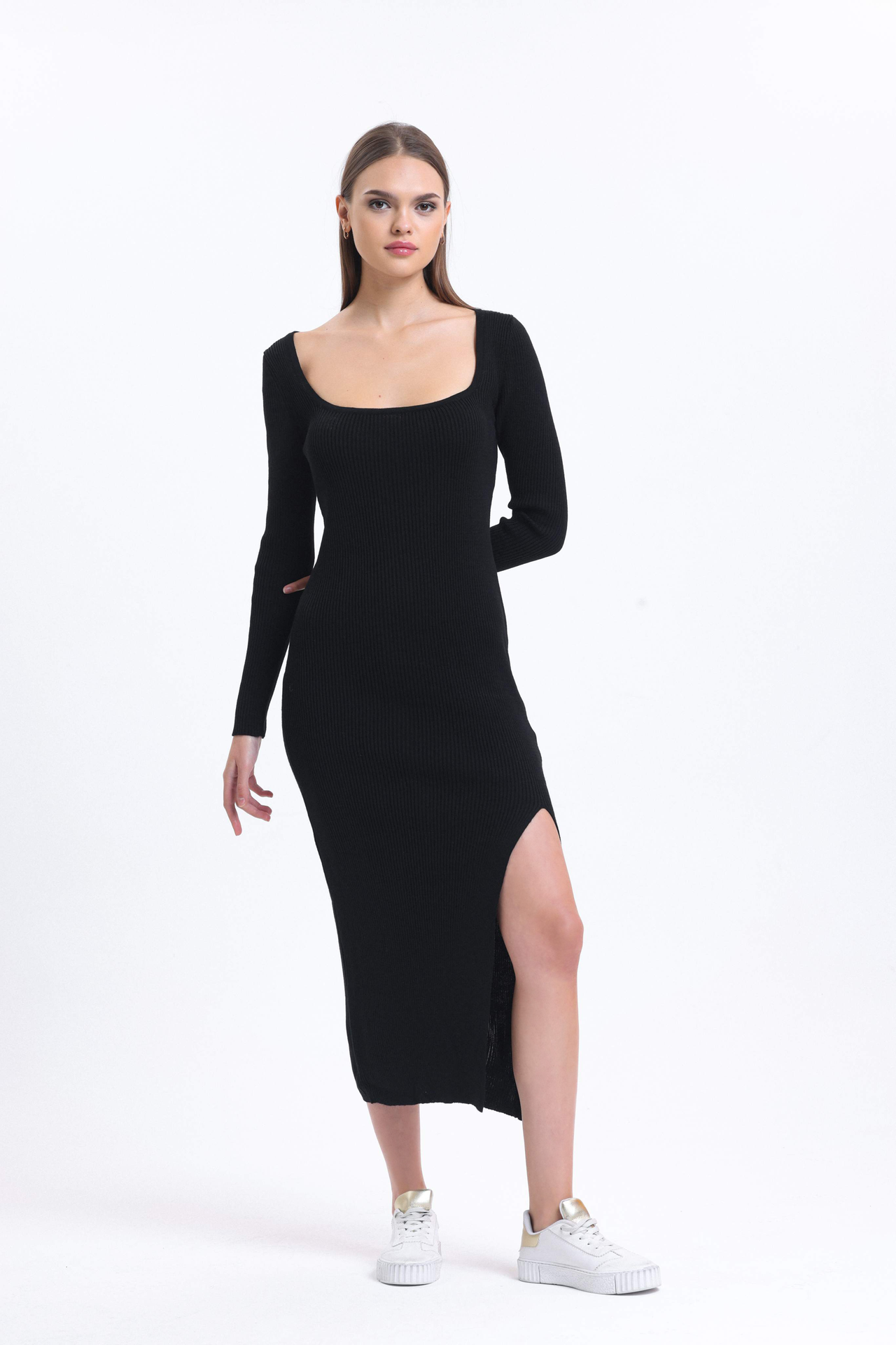 Square Neck Slit Long Sleeve Maxi Dress