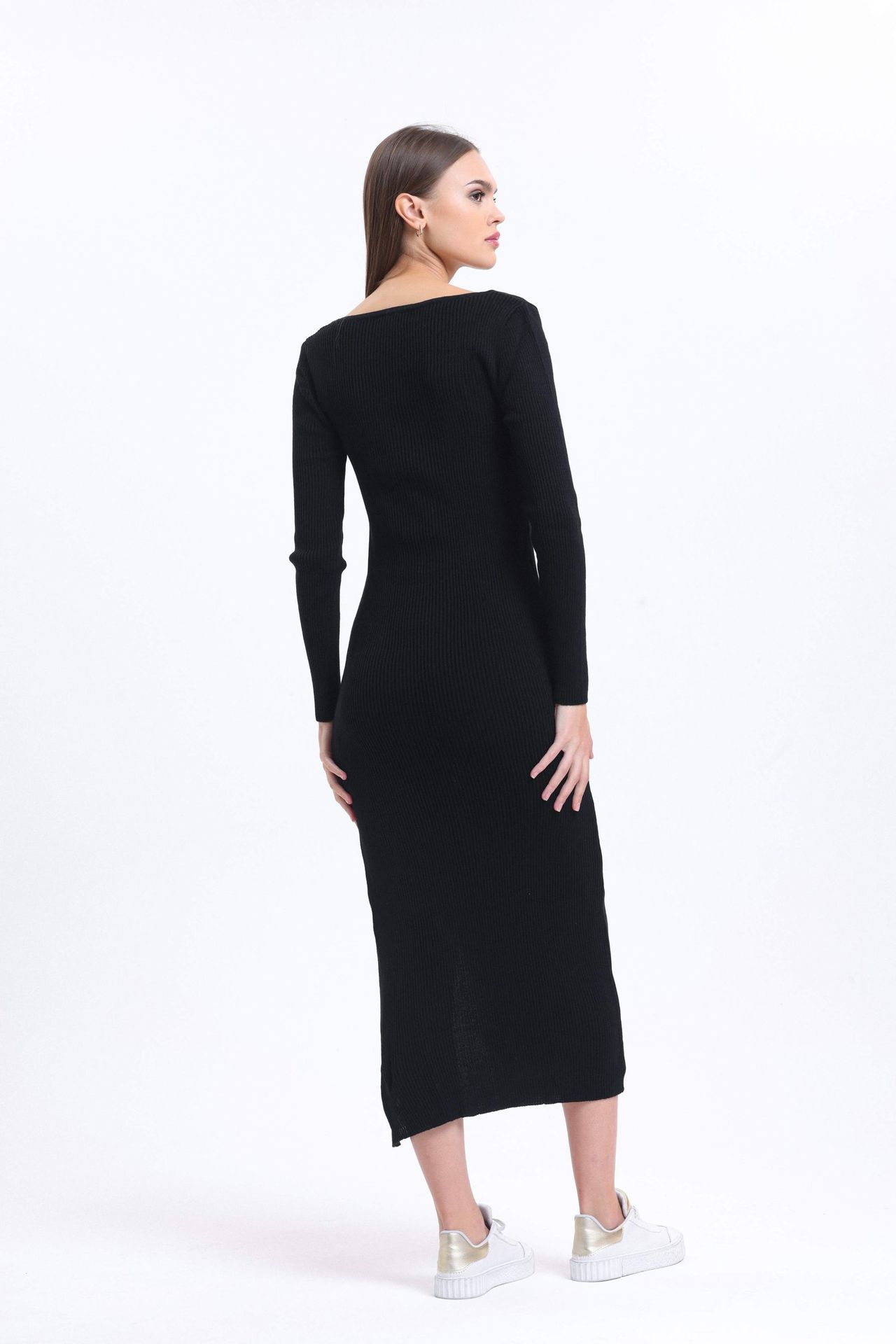 Square Neck Slit Long Sleeve Maxi Dress