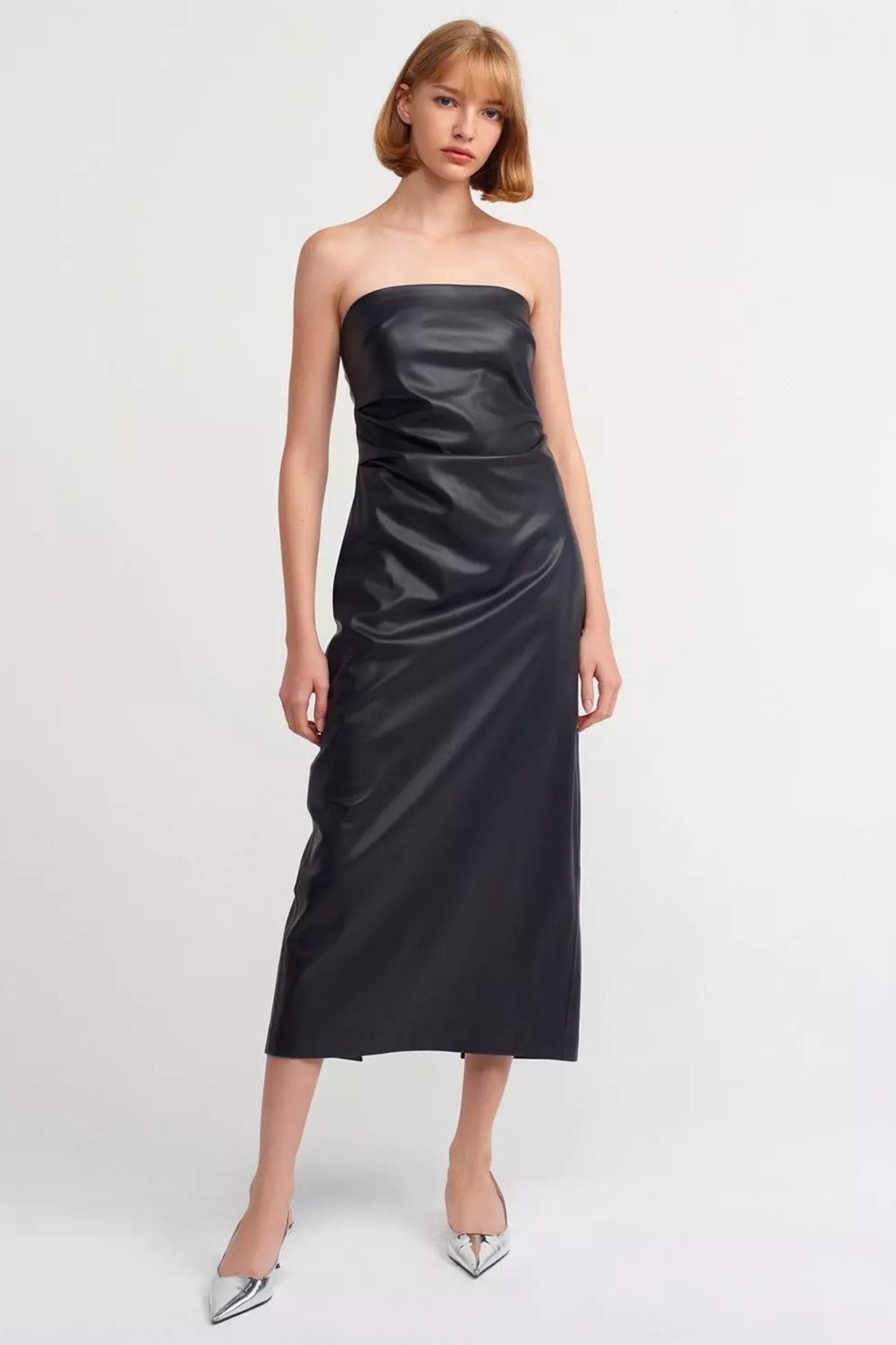 Faux Leather Strapless Ruched Midi Dress