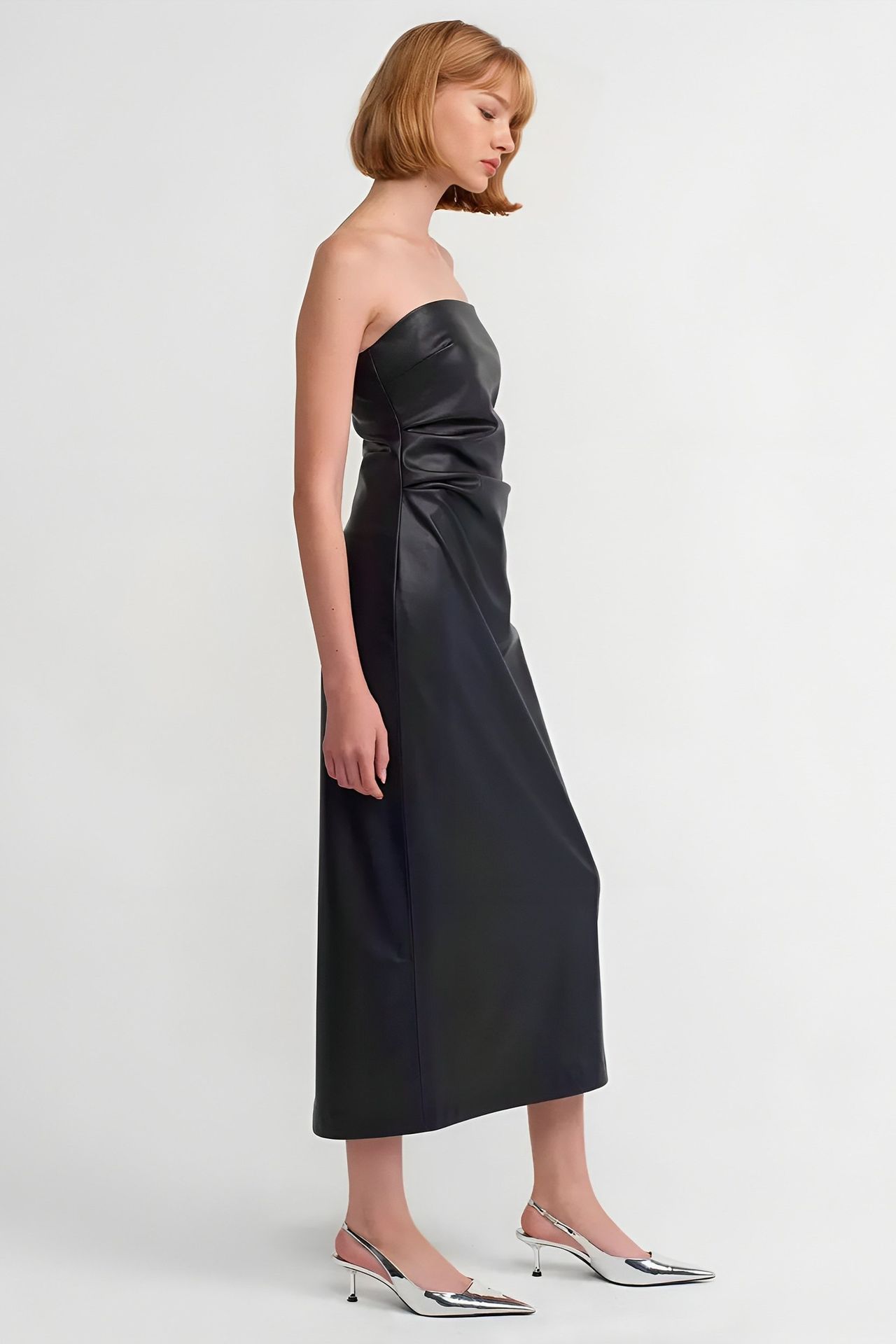 Faux Leather Strapless Ruched Midi Dress