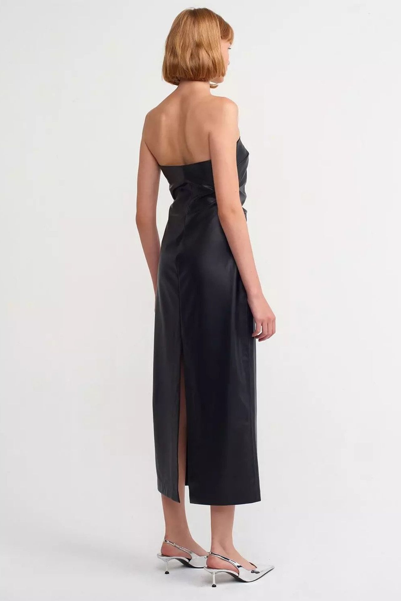 Faux Leather Strapless Ruched Midi Dress